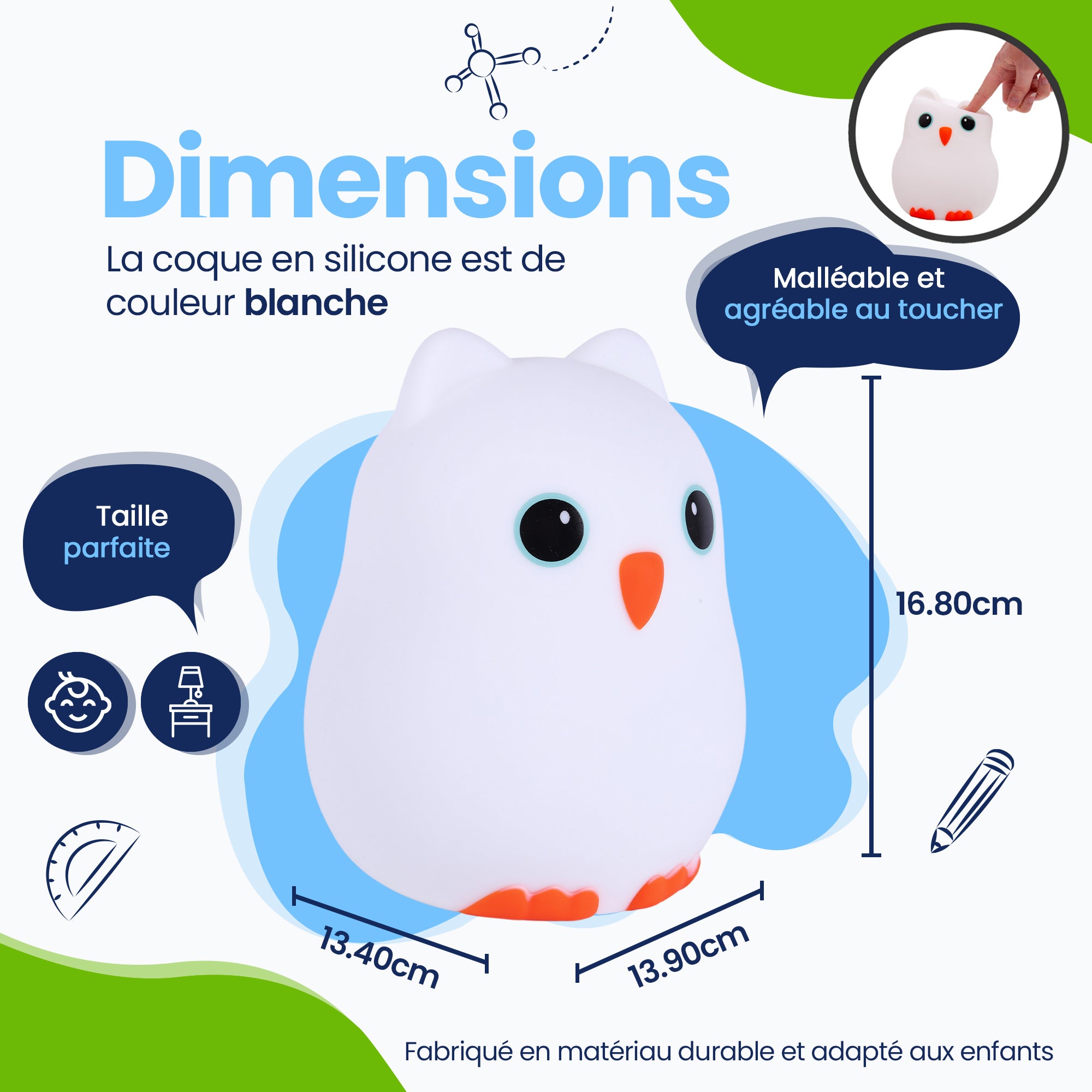 Dimensions Veilleuse Hibou - Taille parfaite - Design Premium - Le couvercle en silicone est de couleur blanche