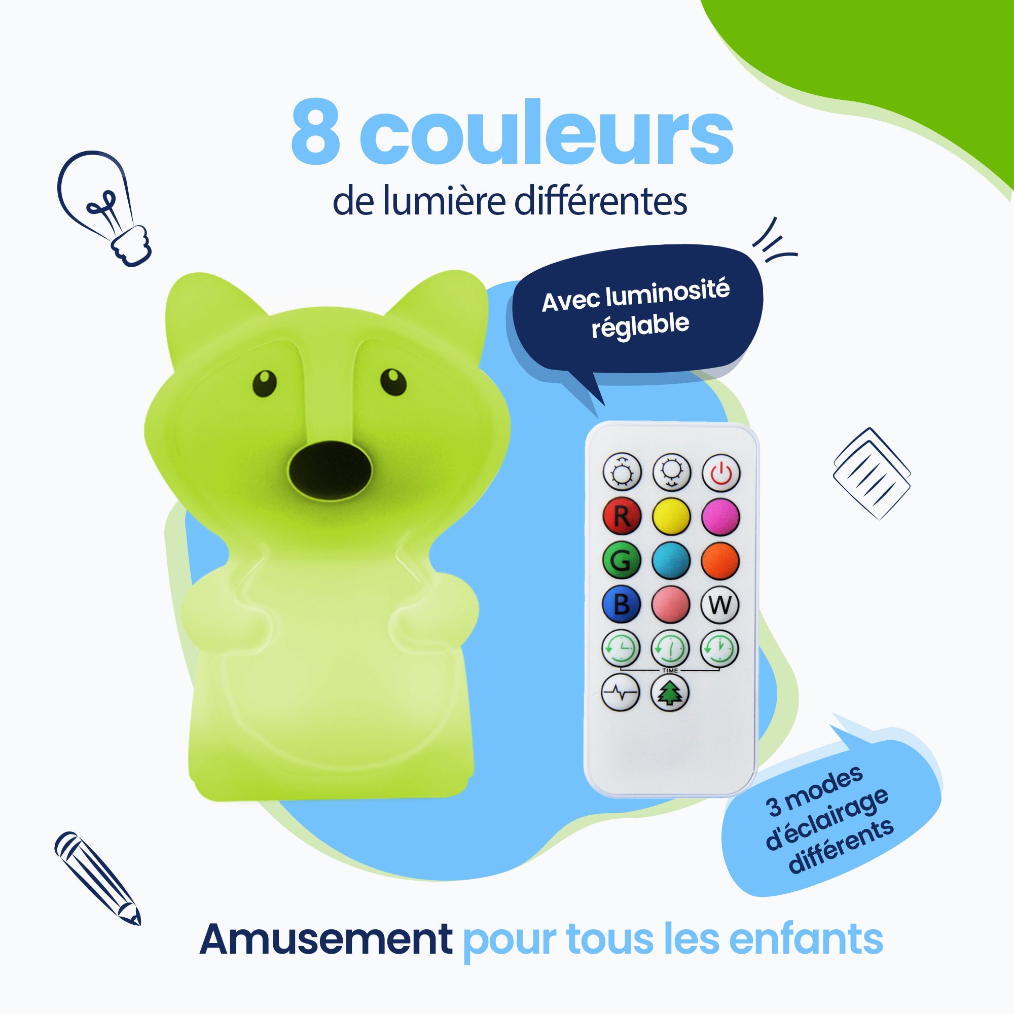 8 couleurs de lumière différentes - 3 modes d'éclairage différents - Amusant pour chaque enfant