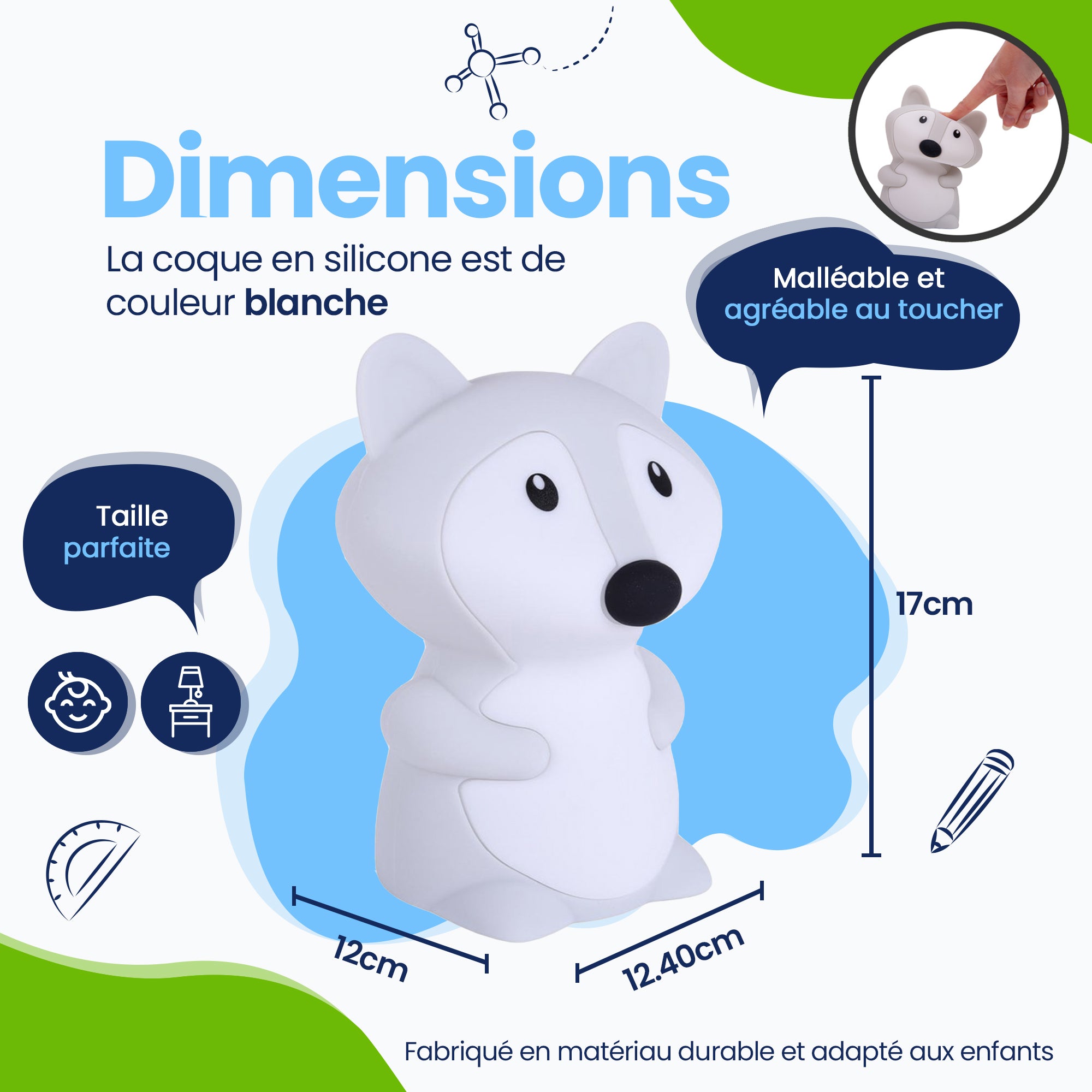 Dimensions Veilleuse Vos - Taille parfaite - Design Premium - Le couvercle en silicone est de couleur blanche