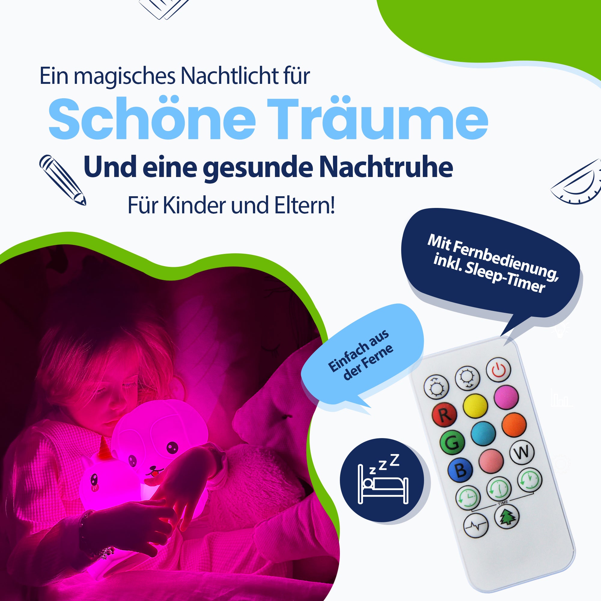 Ein zauberhaftes Nachtlicht für süße Träume und einen gesunden Schlaf für Kinder und Eltern – mit Fernbedienung inklusive Sleep-Timer – ganz einfach aus der Ferne