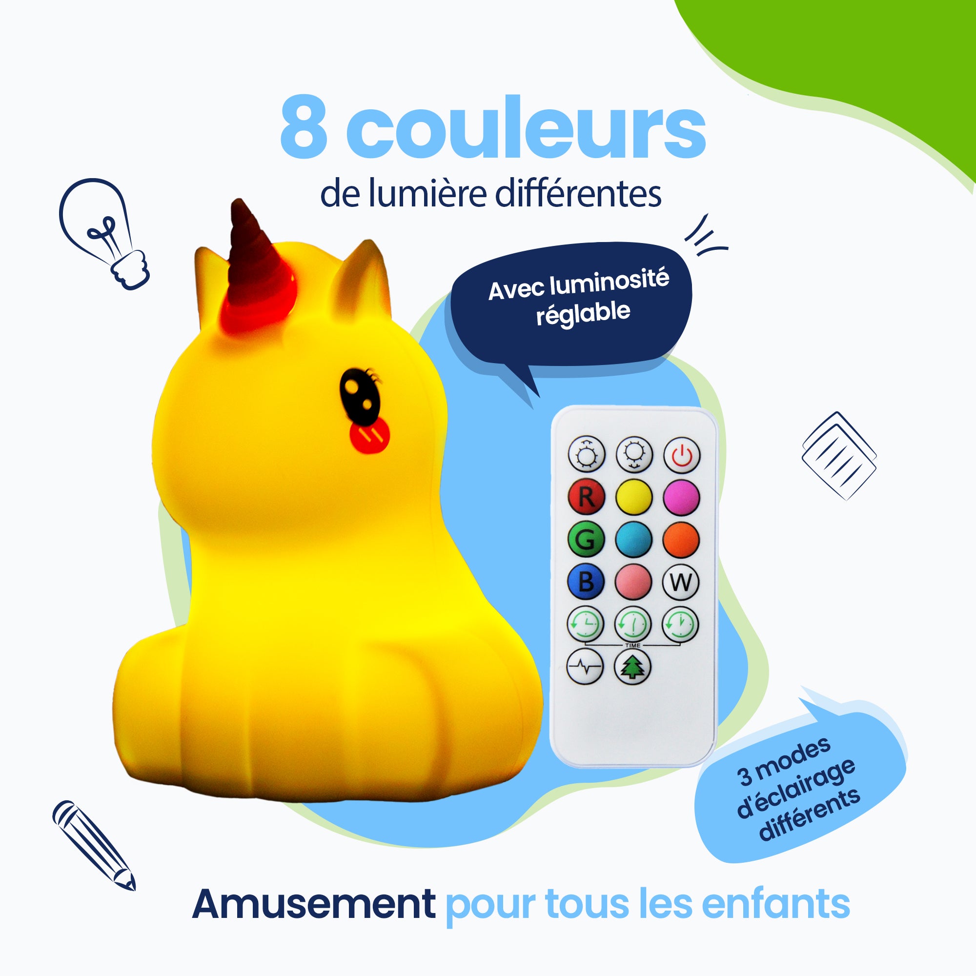 8 couleurs de lumière différentes - 3 modes d'éclairage différents - Amusant pour chaque enfant