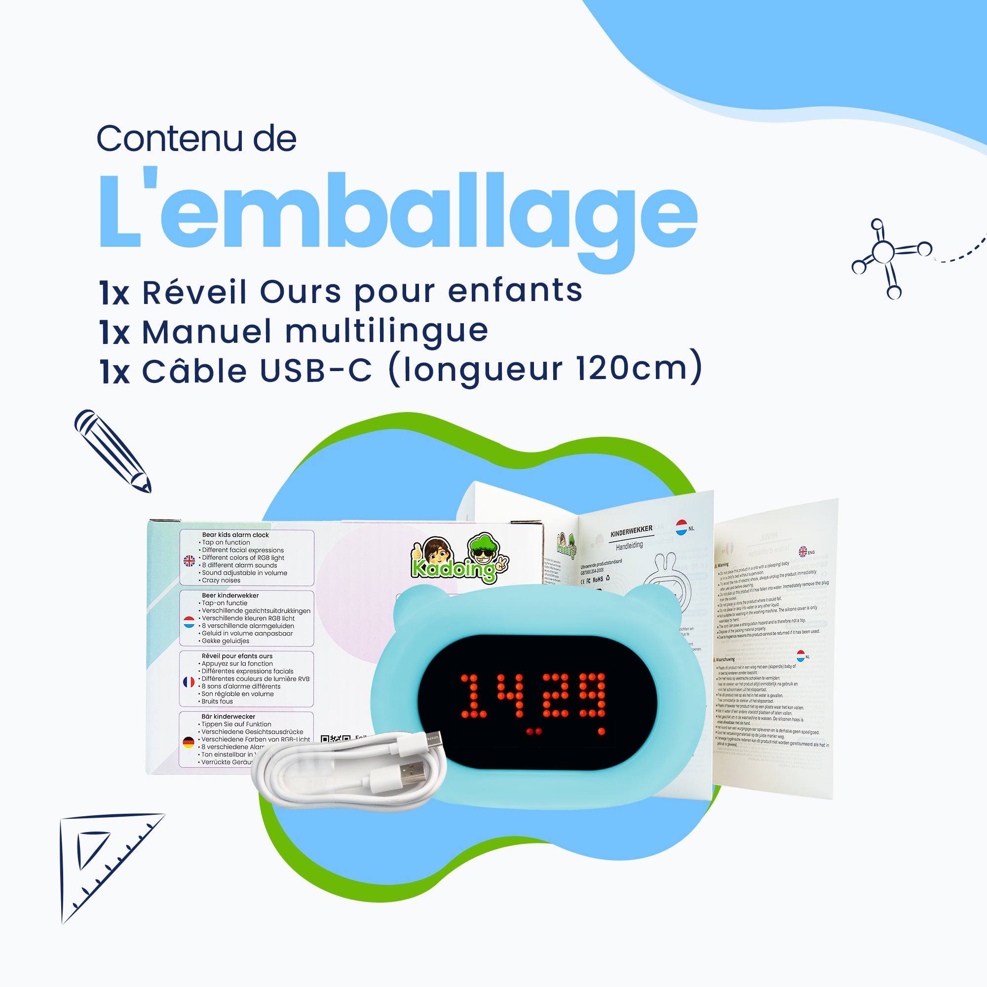 Contenu de l'emballage. 1x Réveil enfant ours, 1x manuel multilingue, 1x câble USB-C (longueur 120cm)