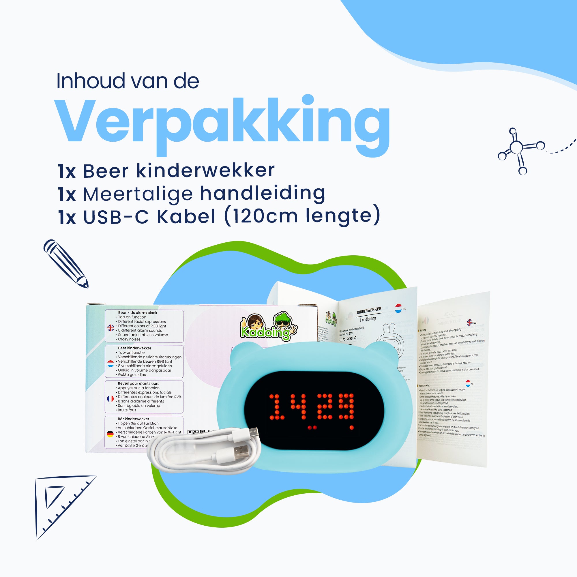 Inhoud van de verpakking: 1x Beer kinderwekker, 1x meetalige handleiding, 1x USB-C Kabel (120cm lengte)