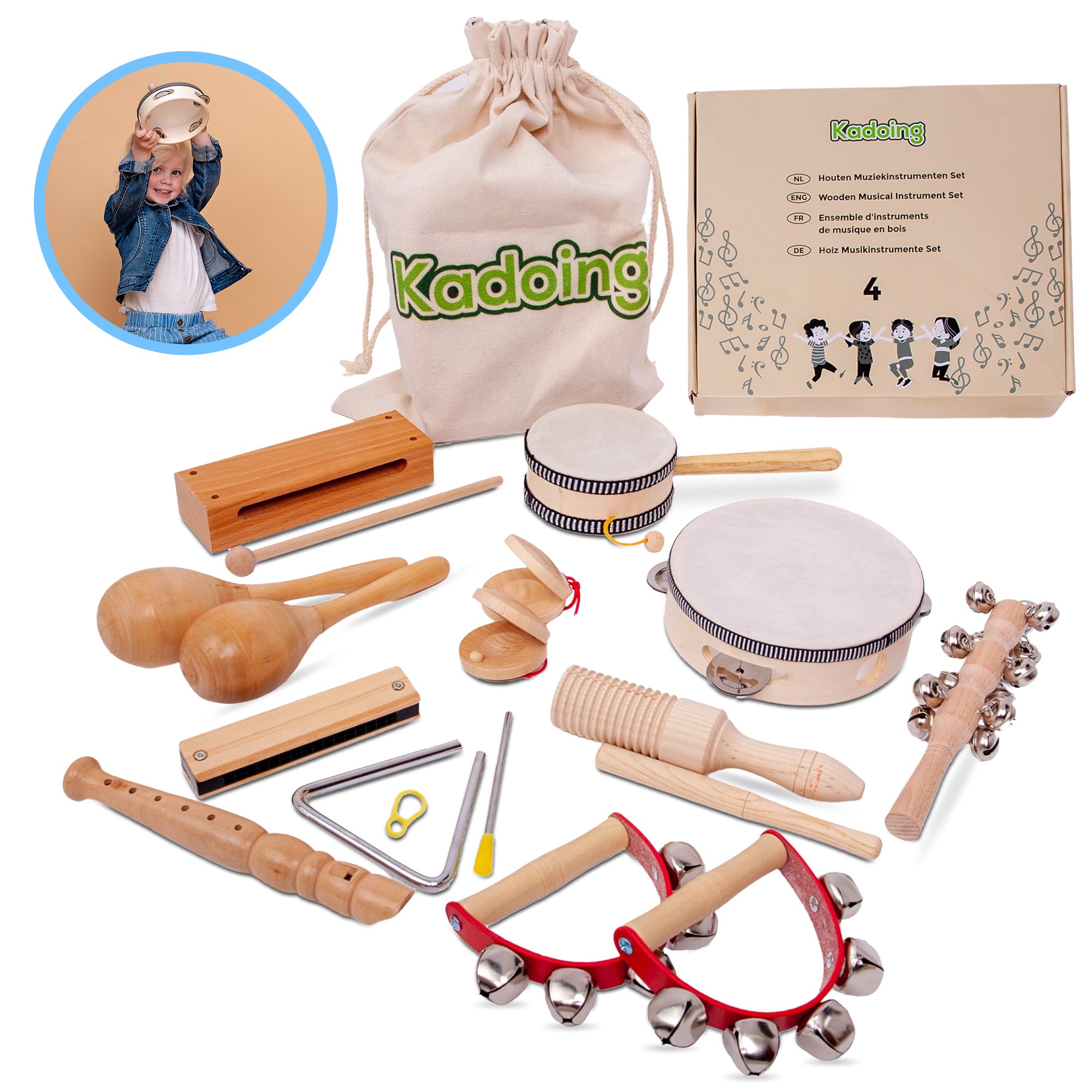 18-częściowy drewniany zestaw instrumentów muzycznych firmy Kadoing. Najlepsza zabawka dla dziec