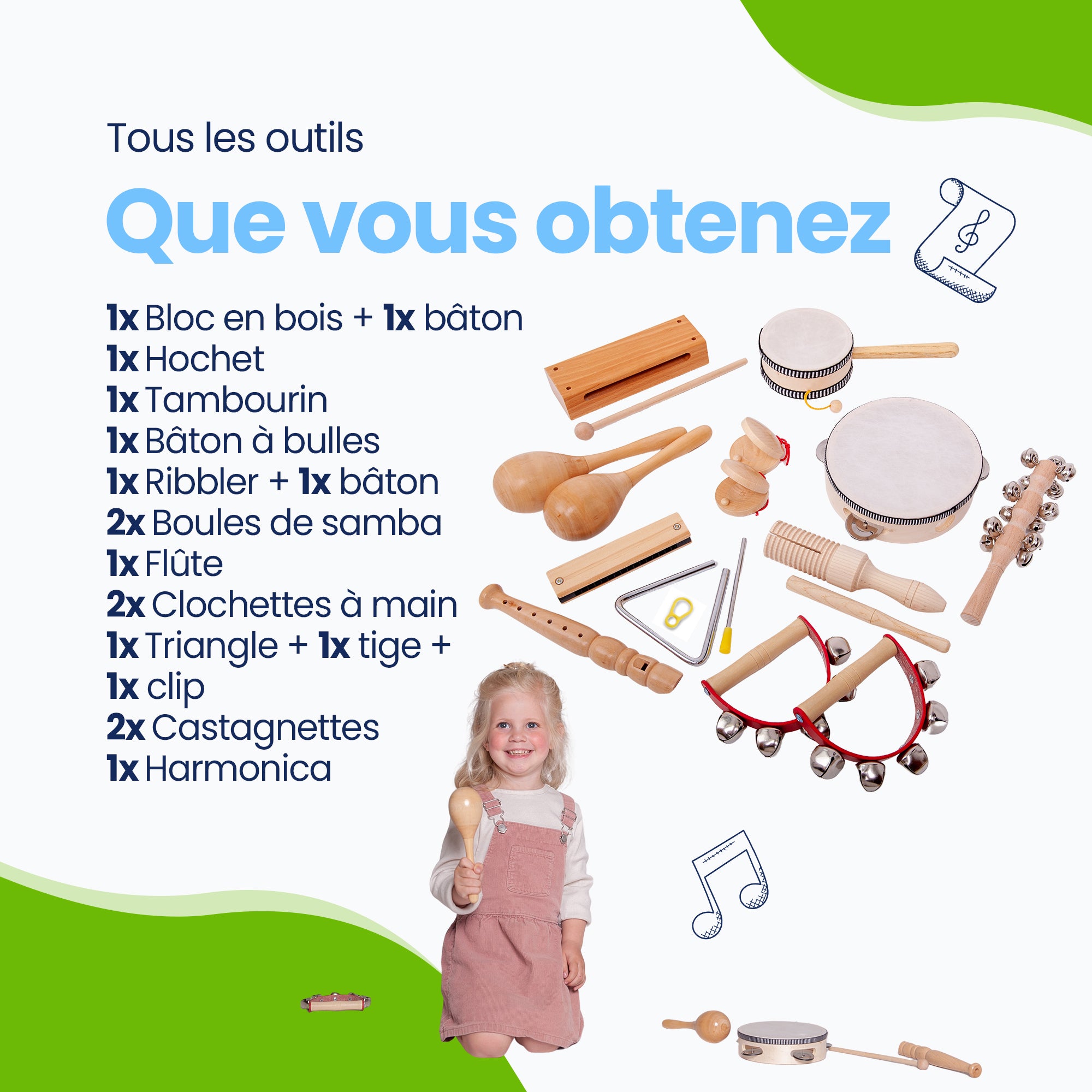 Cet ensemble contient suffisamment d'instruments de musique jouets pour démarrer un groupe ! Quel instrument choisissez-vous ? Les grelots ou plutôt les filets de castage. Quelque chose pour tout le monde!