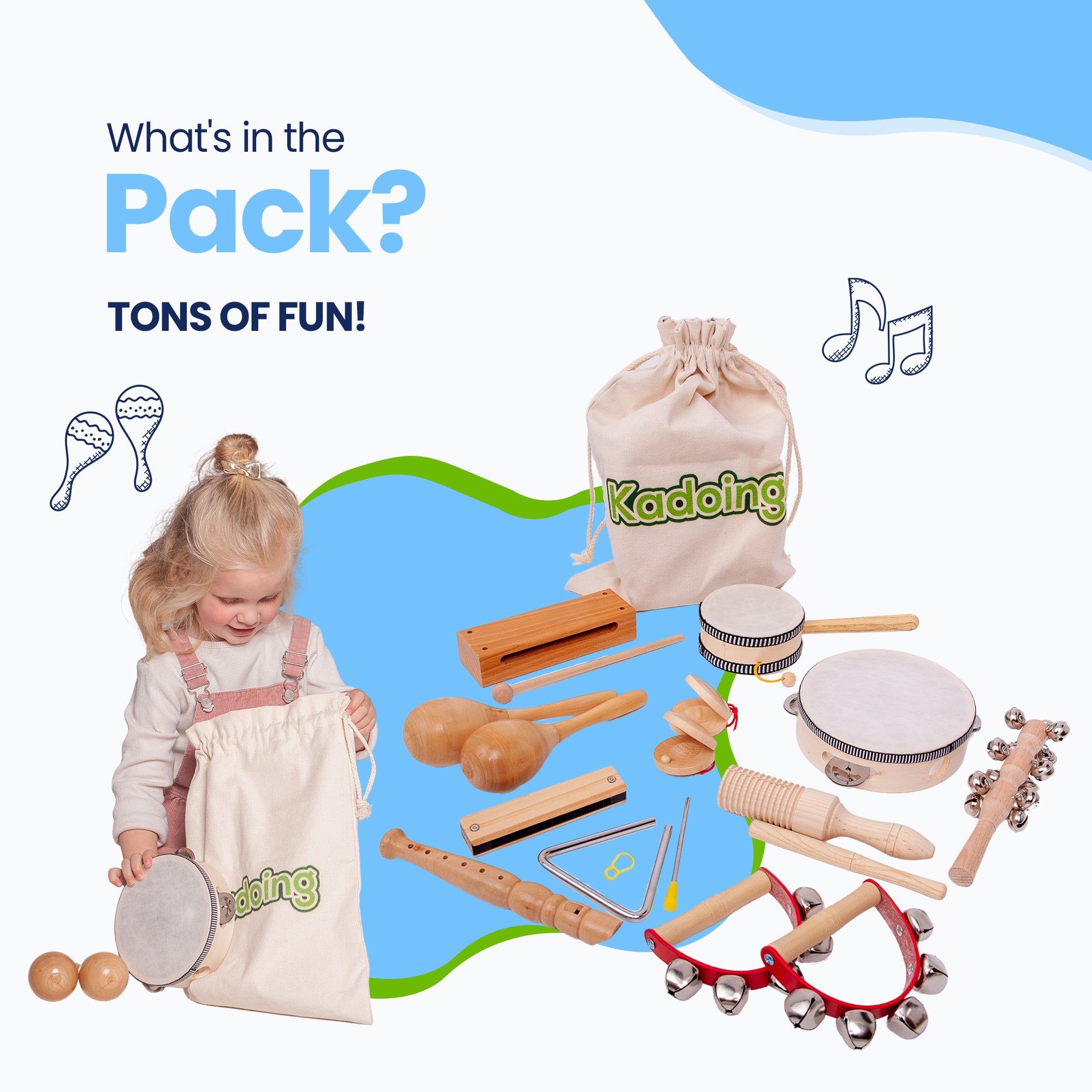 Ten drewniany zestaw instrumentów zawiera 11 różnych instrumentów muzycznych. Od harmonijki ustnej do grzechotki, od trójkąta do fletu. Wypróbuj je wszystkie. Wystarczające na przedszkole lub ośrodek opieki dziennej