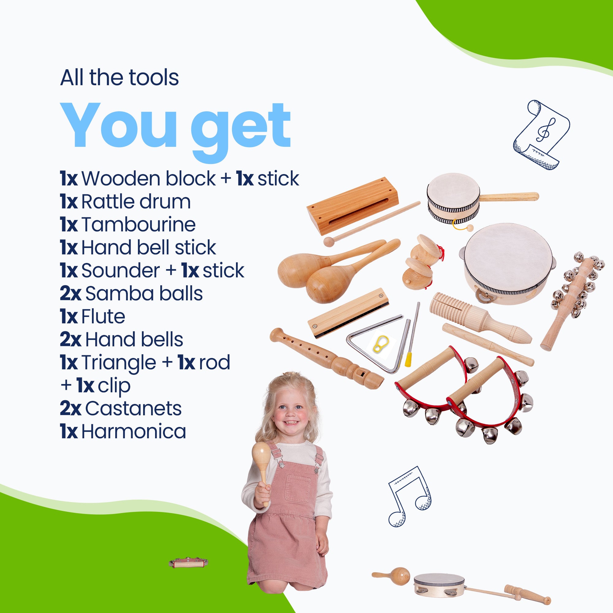 Dette sæt indeholder nok legetøjsmusikinstrumenter til at starte et band! Hvilket instrument vælger du? Håndklokkerne eller rettere sagt casta net. Noget for enhver smag!