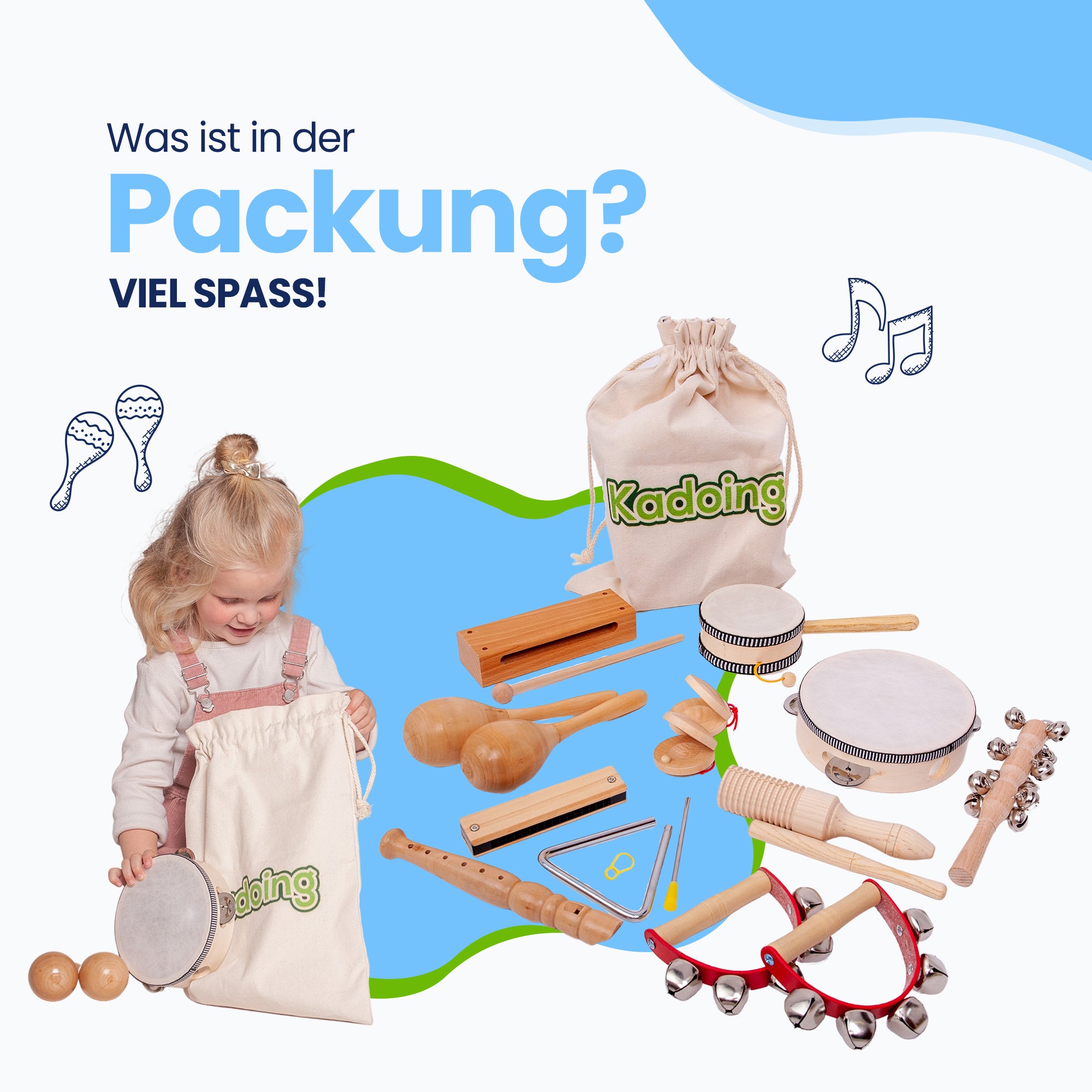 Dieses Spielzeuginstrumentenset aus Holz enthält 11 verschiedene Musikinstrumente. Von der Mundharmonika bis zur Rassel, von der Triangel bis zur Flöte. Probieren Sie sie alle aus. Genug für eine Nachmittagsbetreuung oder Kindertagesstätte