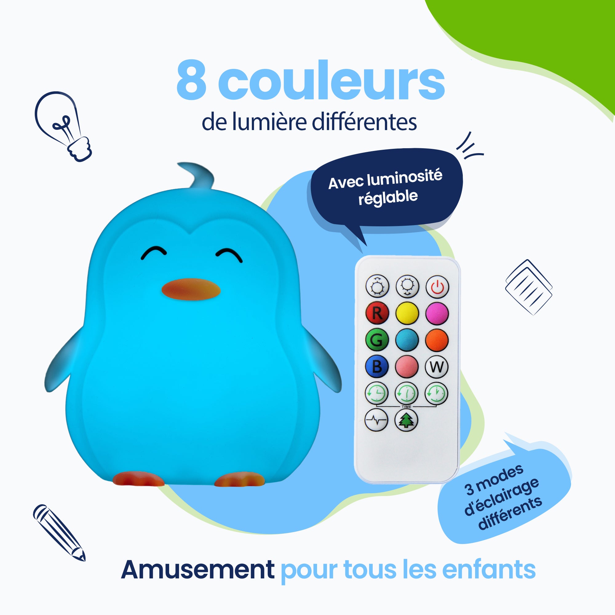 8 couleurs de lumière différentes - 3 modes d'éclairage différents - Amusant pour chaque enfant