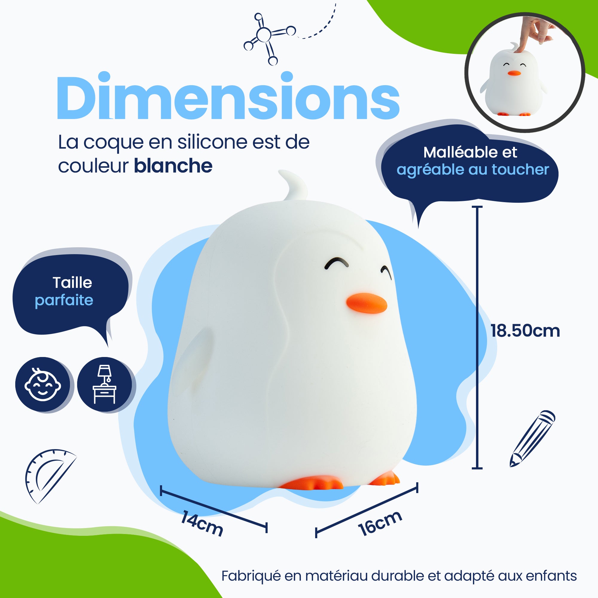 Dimensions Penguin Night Lamp - Taille parfaite - Design Premium - Le couvercle en silicone est de couleur blanche