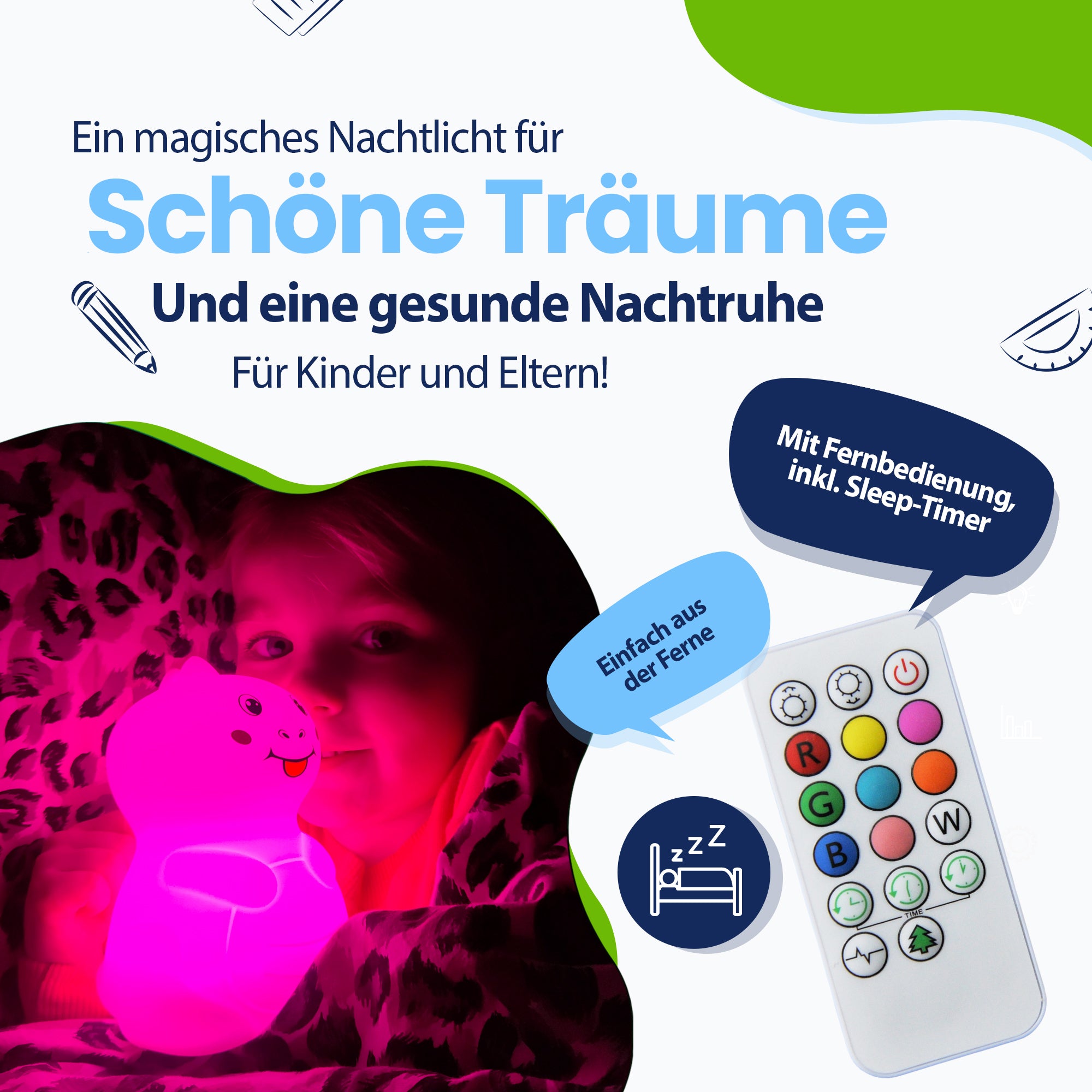 Ein zauberhaftes Nachtlicht für süße Träume und einen gesunden Schlaf für Kinder und Eltern – mit Fernbedienung inklusive Sleep-Timer – ganz einfach aus der Ferne