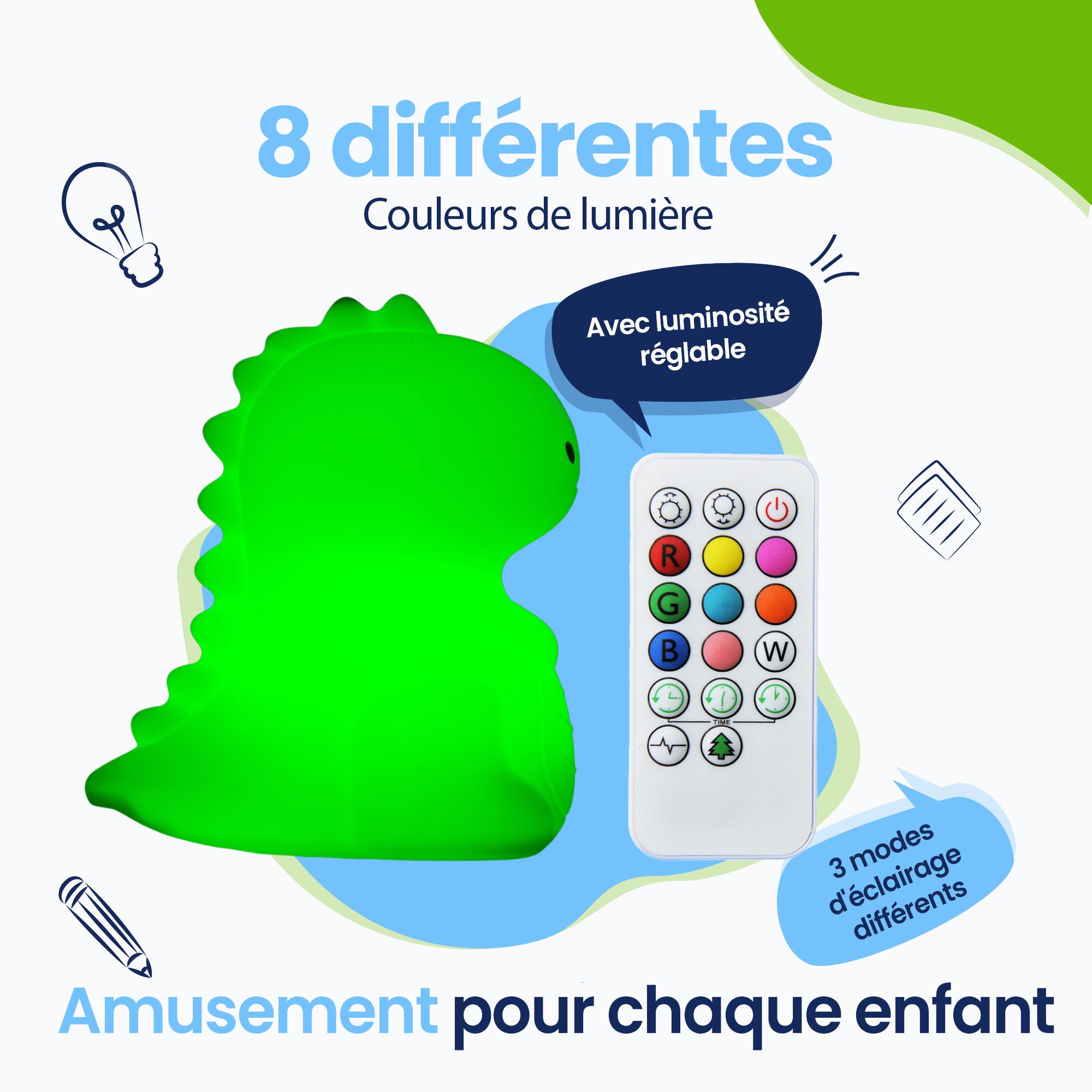 8 couleurs de lumière différentes - 3 modes d'éclairage différents - Amusant pour chaque enfant