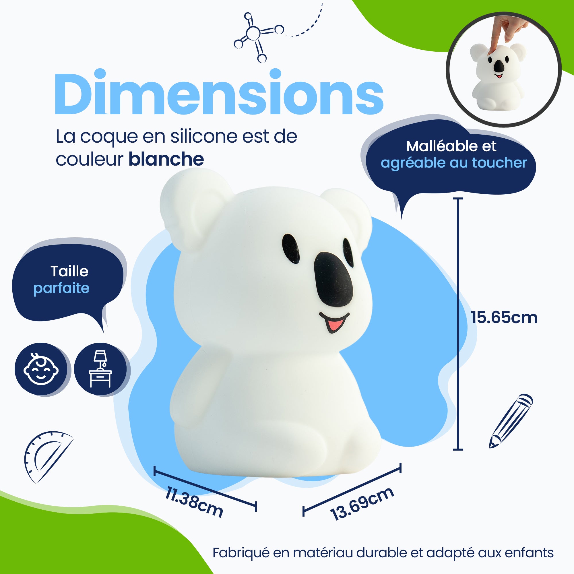 Dimensions Veilleuse Koala - Taille parfaite - Design Premium - Le couvercle en silicone est de couleur blanche