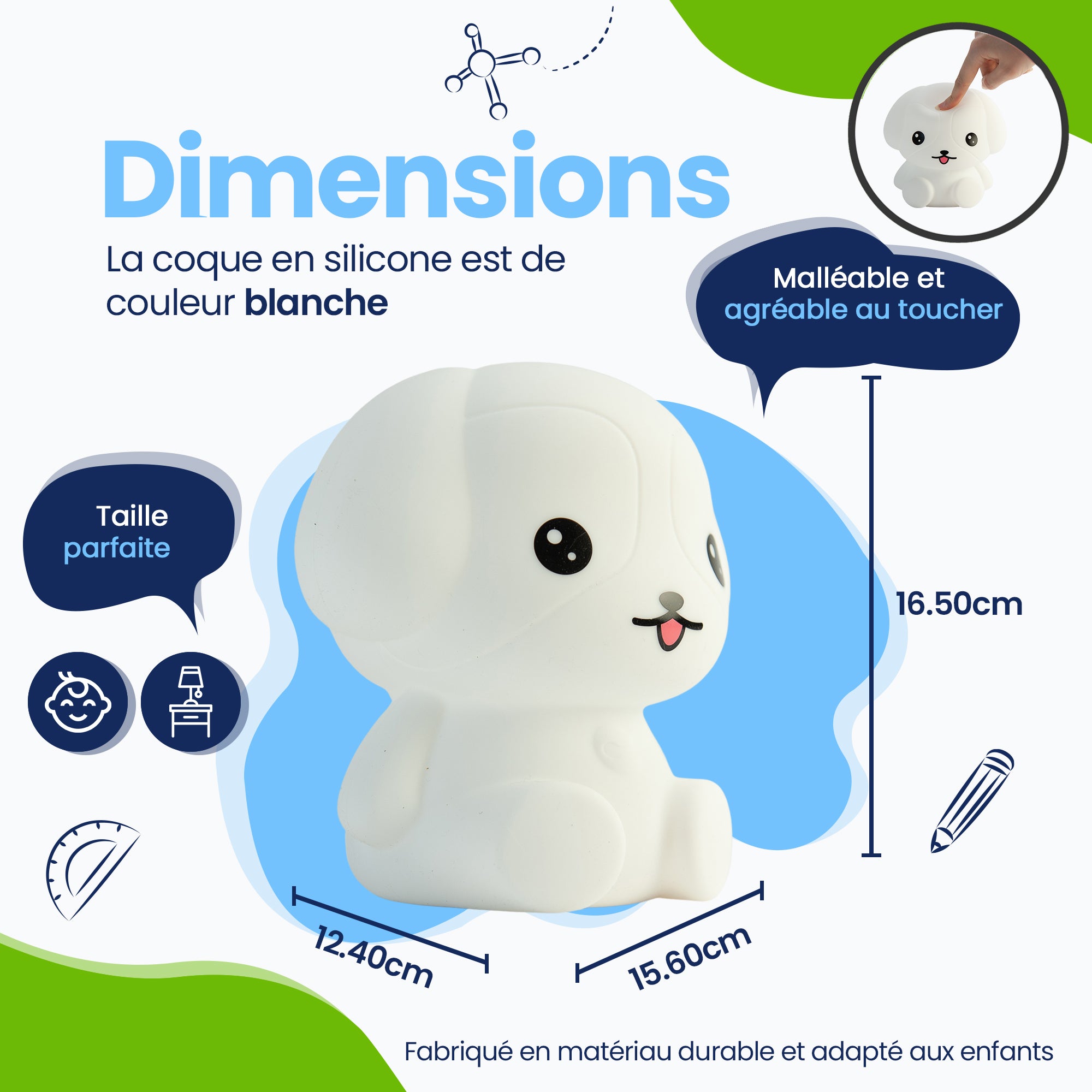 Dimensions Veilleuse Puppy - Taille parfaite - Design Premium - Le couvercle en silicone est de couleur blanche