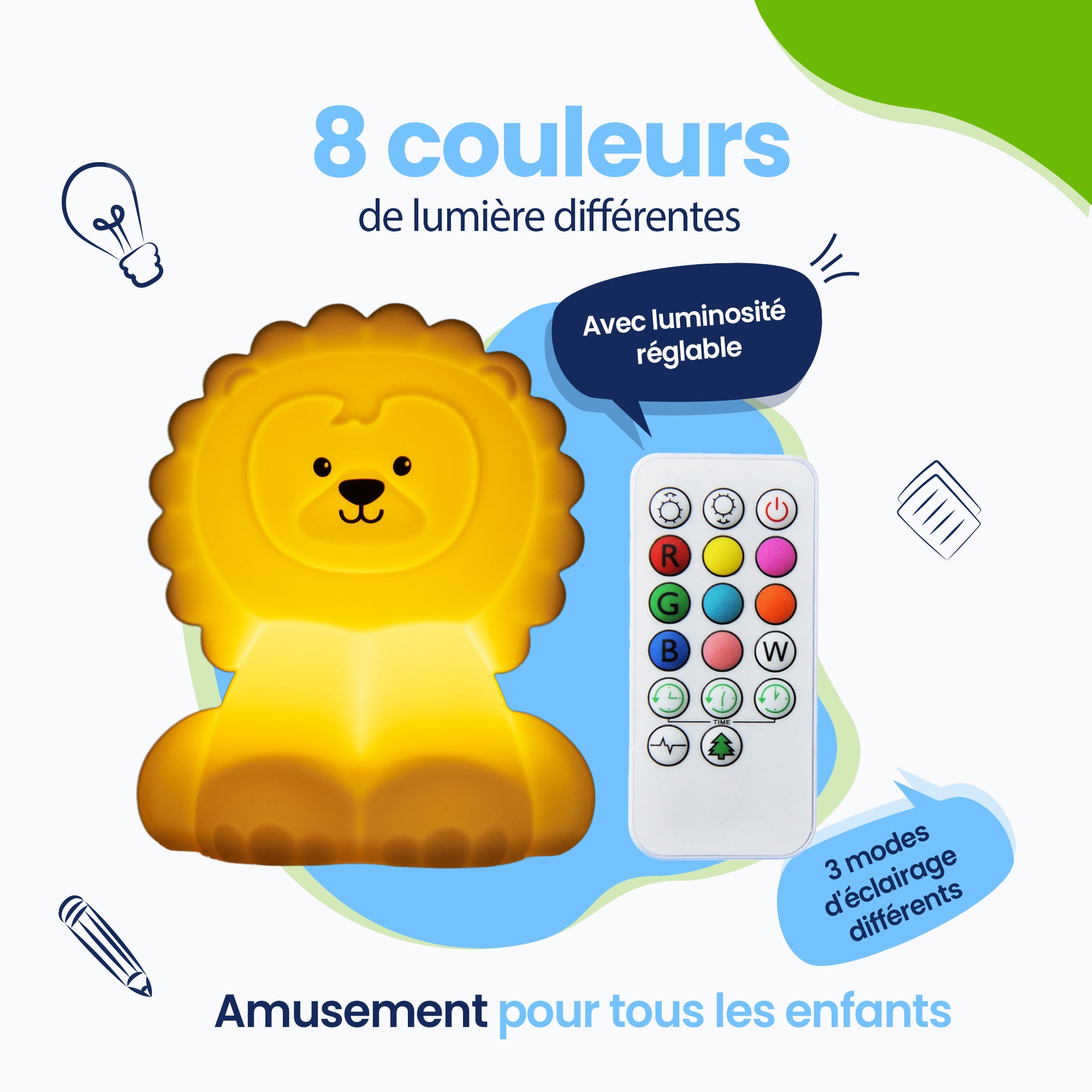 8 couleurs de lumière différentes - 3 modes d'éclairage différents - Amusant pour chaque enfant