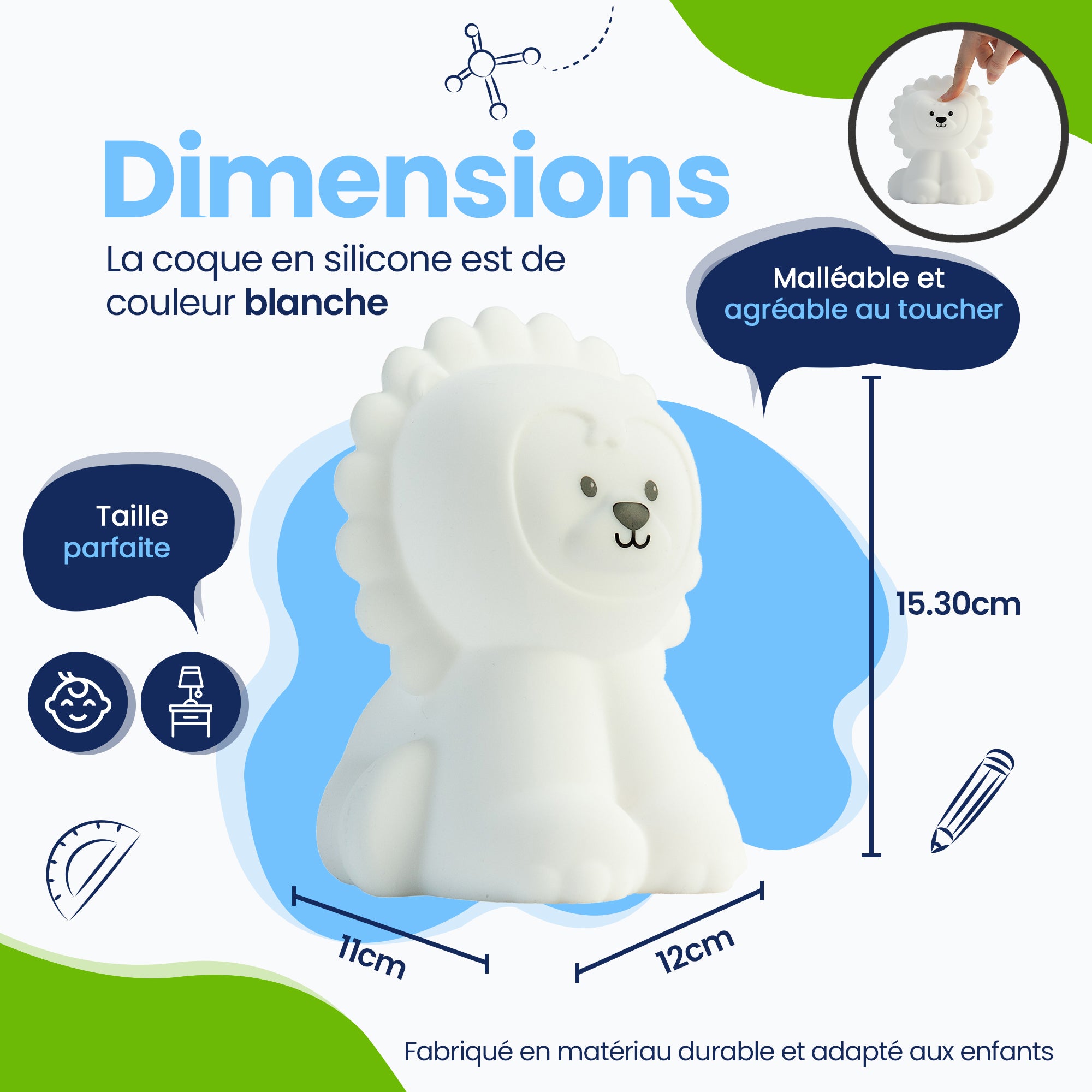 Dimensions Veilleuse Lion - Taille parfaite - Design Premium - Le couvercle en silicone est de couleur blanche