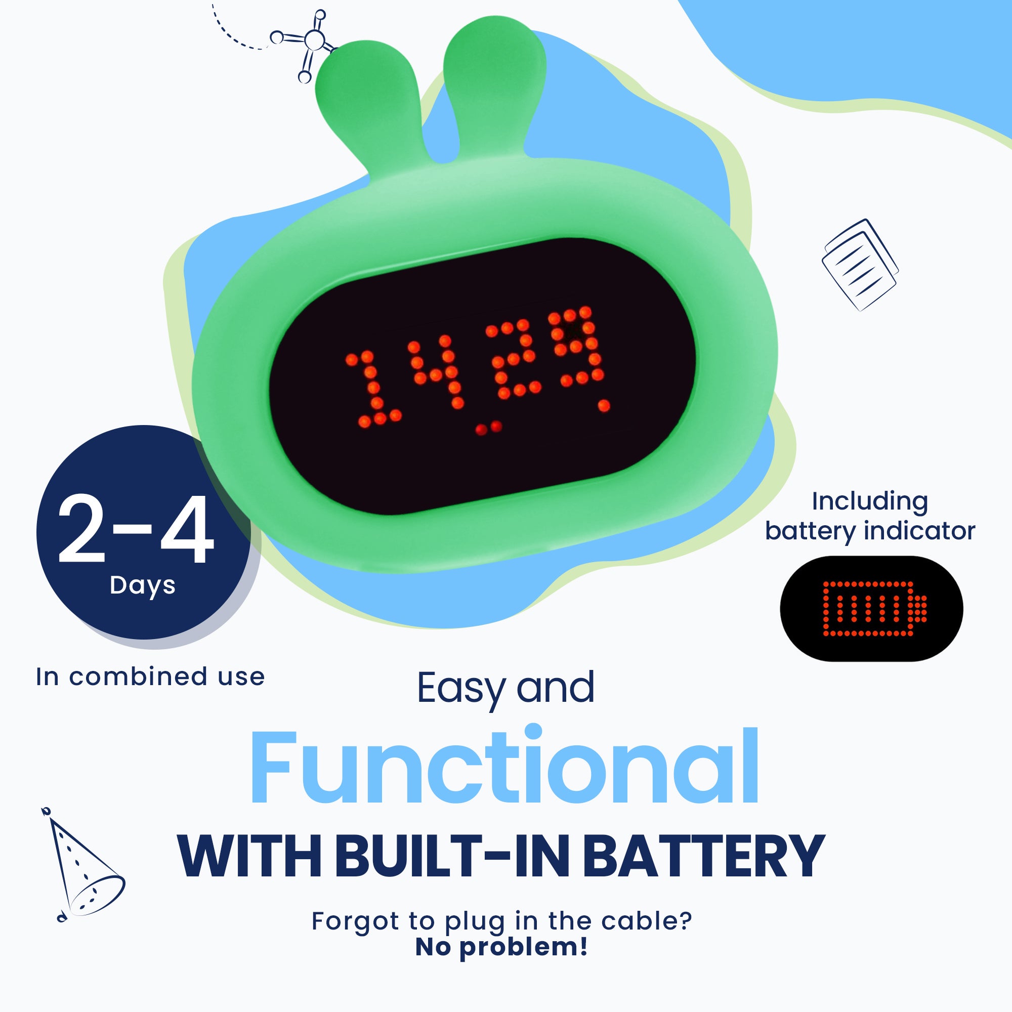 The Rabbit children's alarm clock lasts for several days in combined use and has a standby time of more than 200 hours, all thanks to the built-in battery!