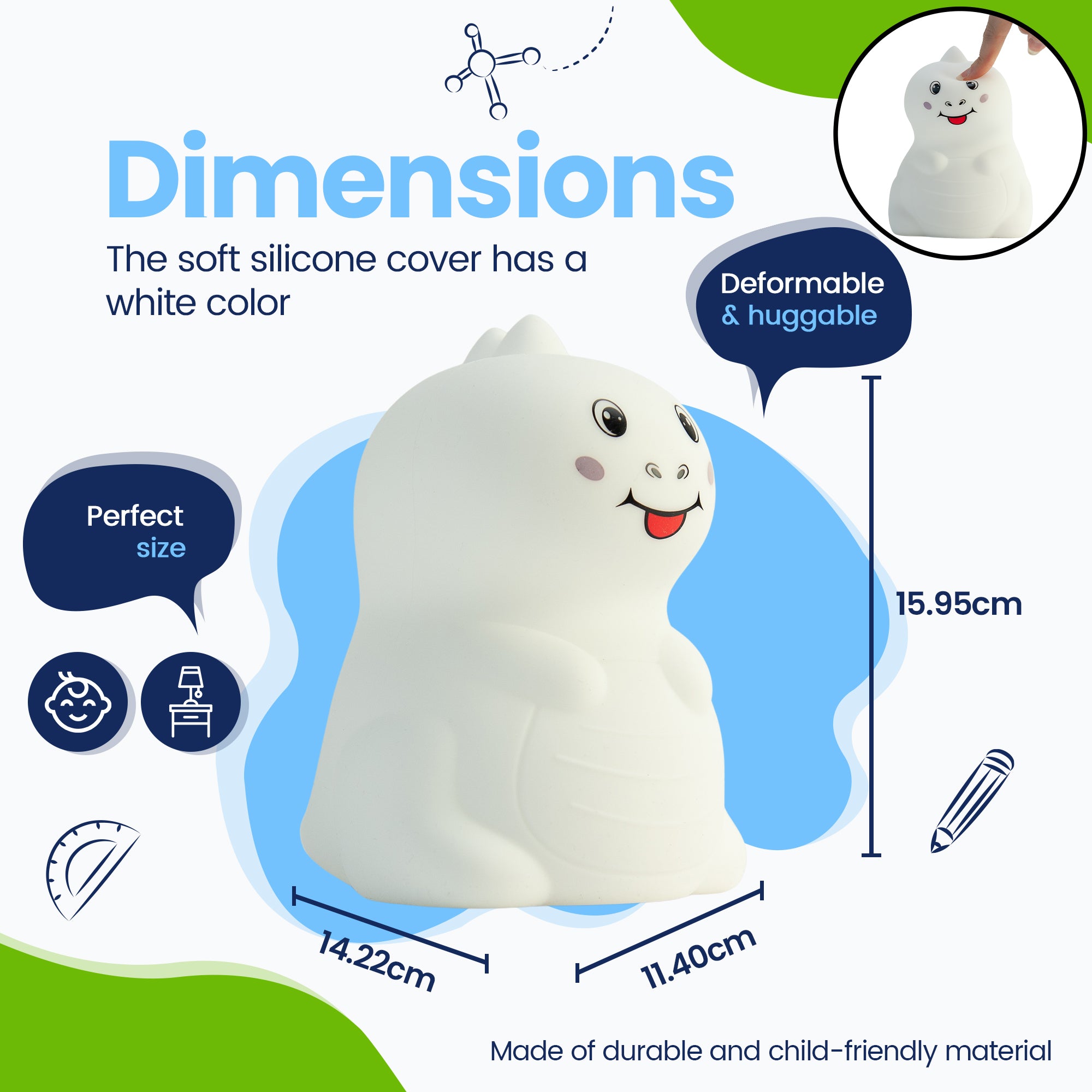 Dimensioner Dino Natlampe - Perfekt størrelse - Premium Design - Silikoneovertrækket er hvidt i farven