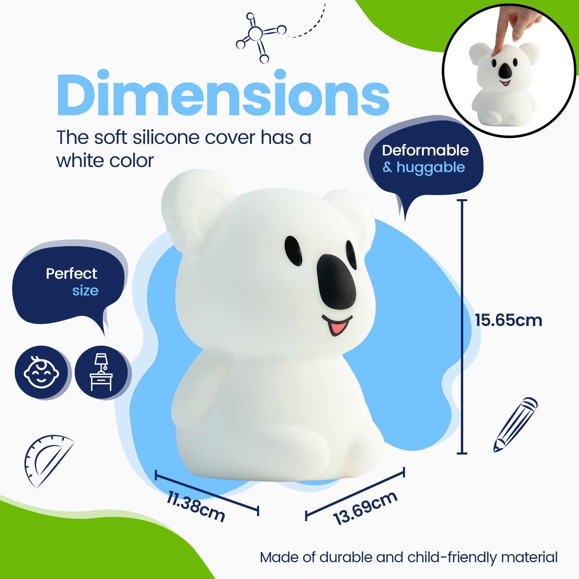 Dimensioner Koala Natlampe - Perfekt størrelse - Premium Design - Silikoneovertrækket er hvidt i farven