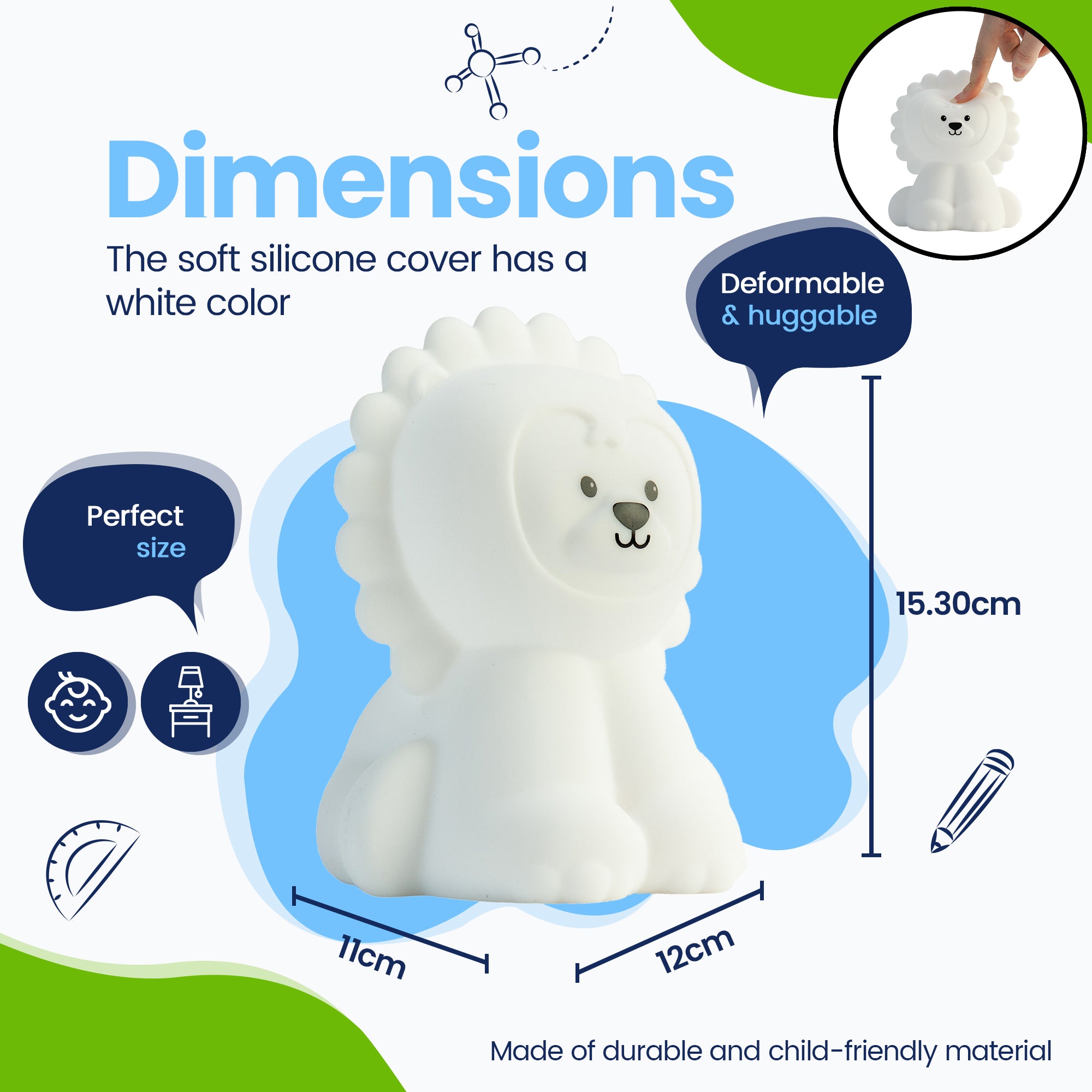Dimensioner Løvenatlampe - Perfekt størrelse - Premium Design - Silikoneovertrækket er hvidt i farven