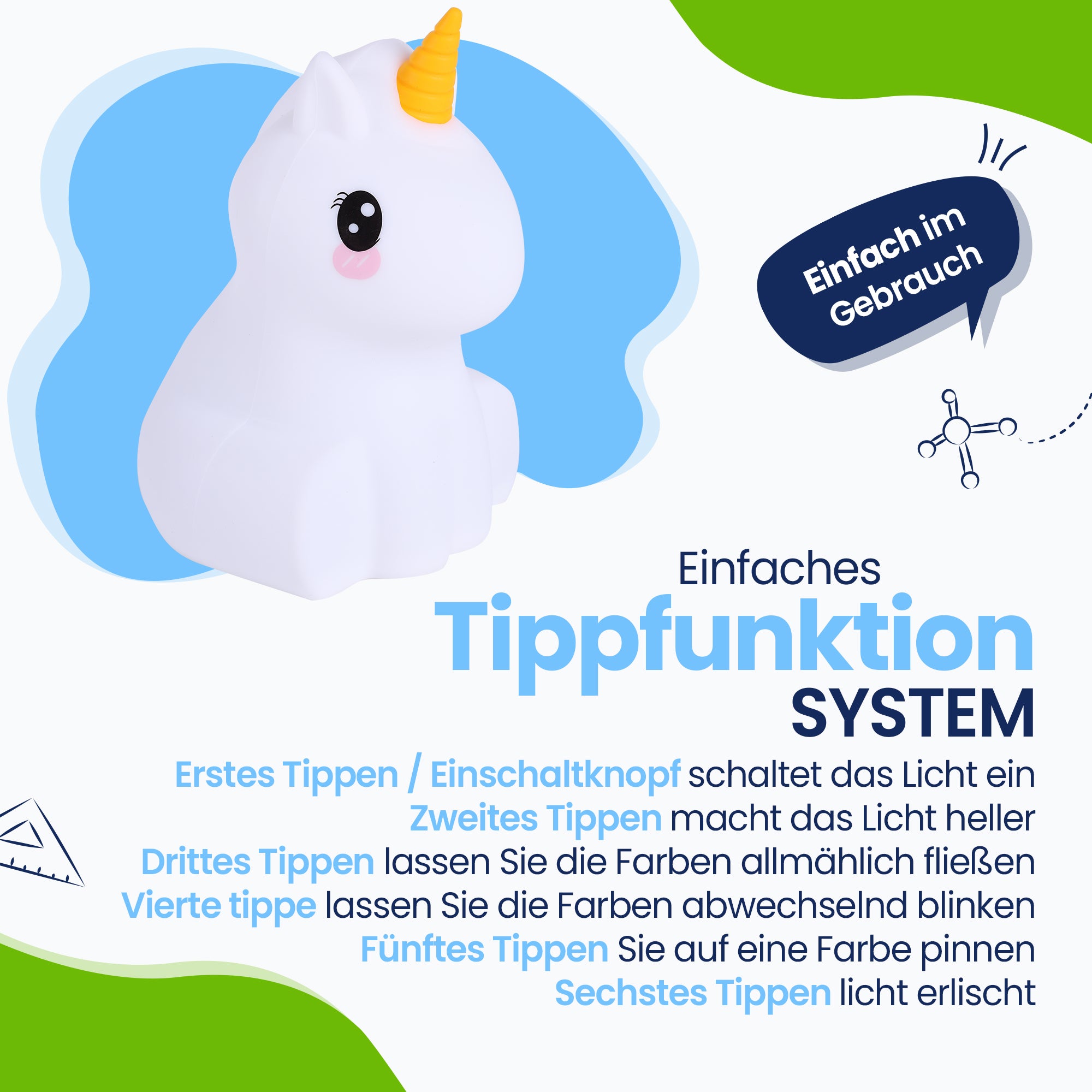 Einfaches Tap-on-System – einfach zu bedienen – Licht einschalten – Licht heller machen – Farben fließen lassen – Farben abwechselnd blinken lassen – Farbe fixieren – Farbe ausschalten