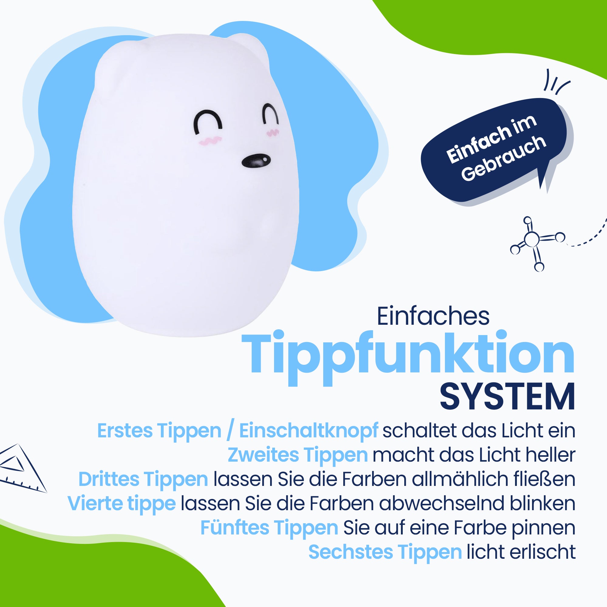 Einfaches TippFunktion-System – einfach zu bedienen – Licht einschalten – Licht heller machen – Farben fließen lassen – Farben abwechselnd blinken – Farbe sperren – Farbe ausschalten