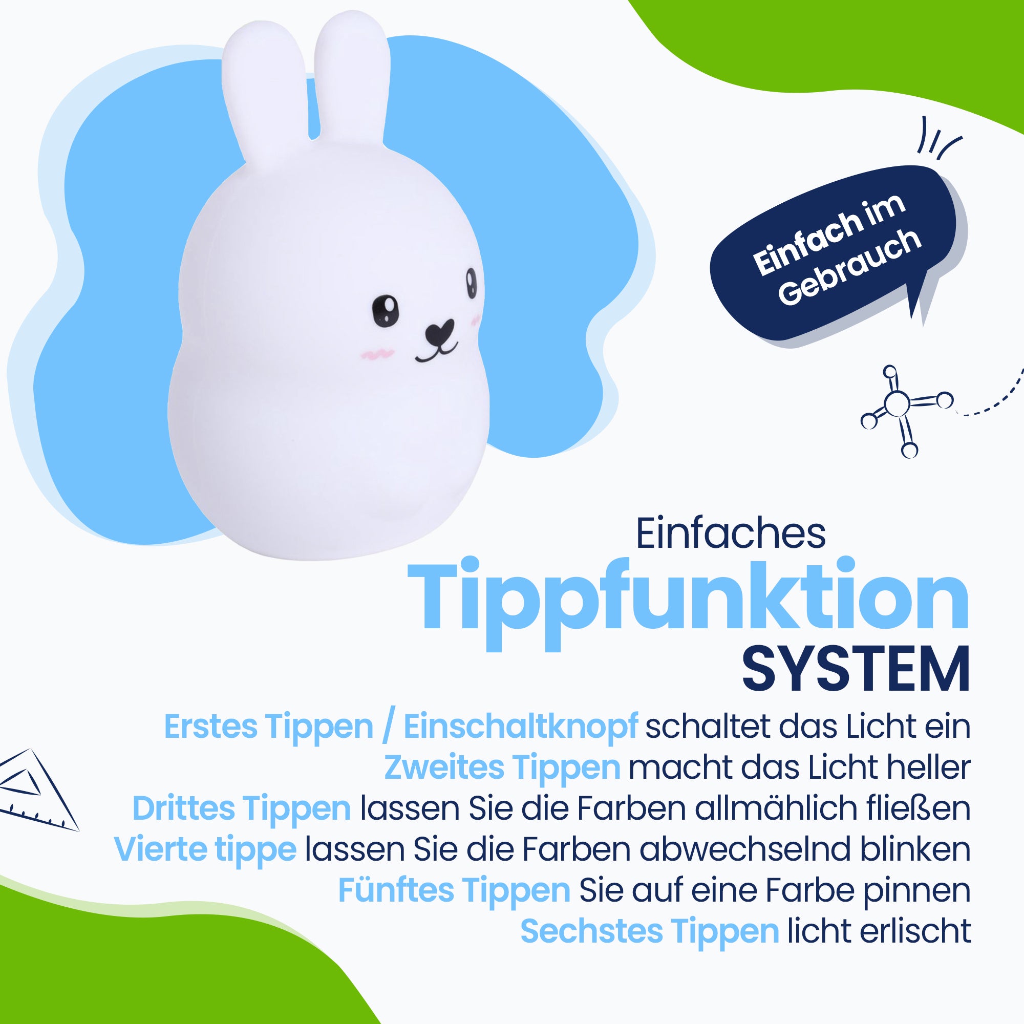 Einfaches TippFunktion-System – einfach zu bedienen – Licht einschalten – Licht heller machen – Farben fließen lassen – Farben abwechselnd blinken – Farbe sperren – Farbe ausschalten