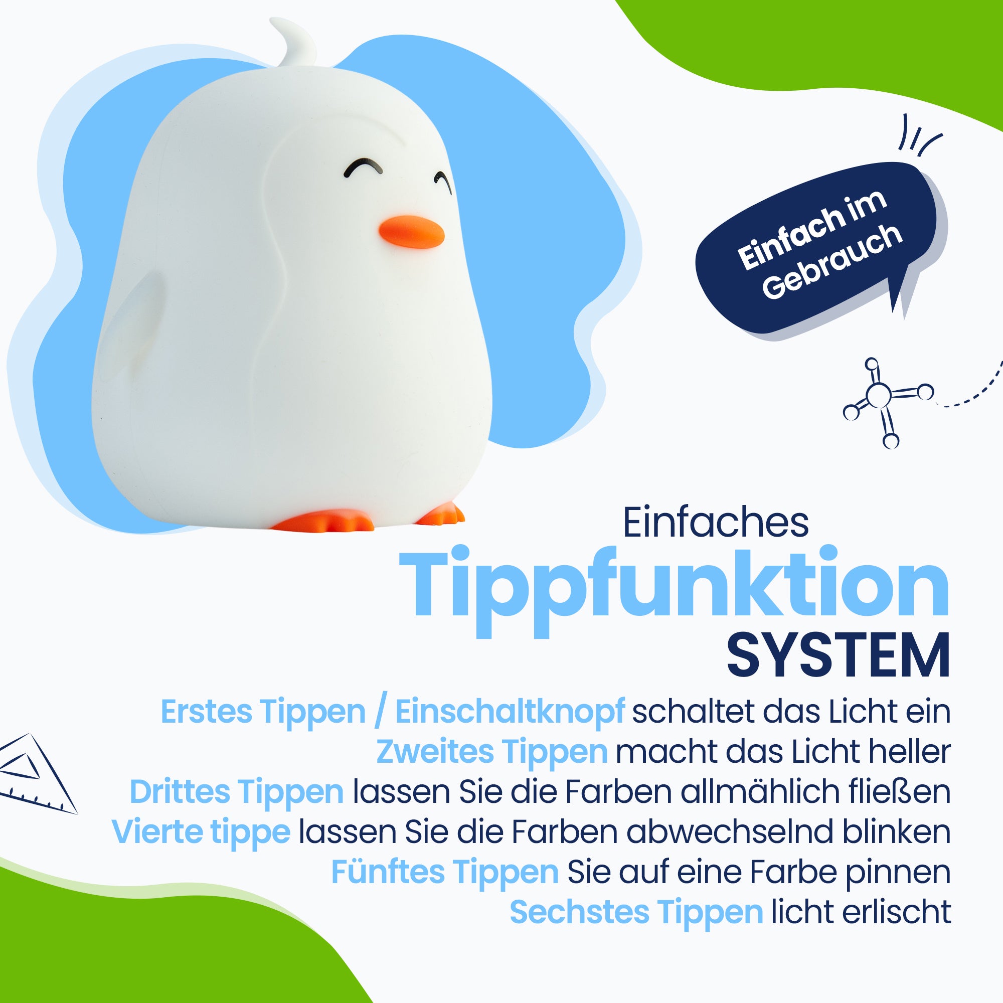 Einfaches TippFunktion-System – einfach zu bedienen – Licht einschalten – Licht heller machen – Farben fließen lassen – Farben abwechselnd blinken – Farbe sperren – Farbe ausschalten