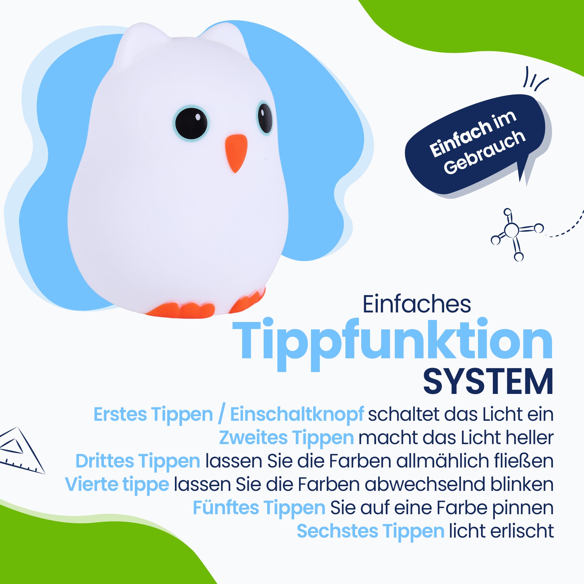 Einfaches TippFunktion-System – einfach zu bedienen – Licht einschalten – Licht heller machen – Farben fließen lassen – Farben abwechselnd blinken – Farbe sperren – Farbe ausschalten