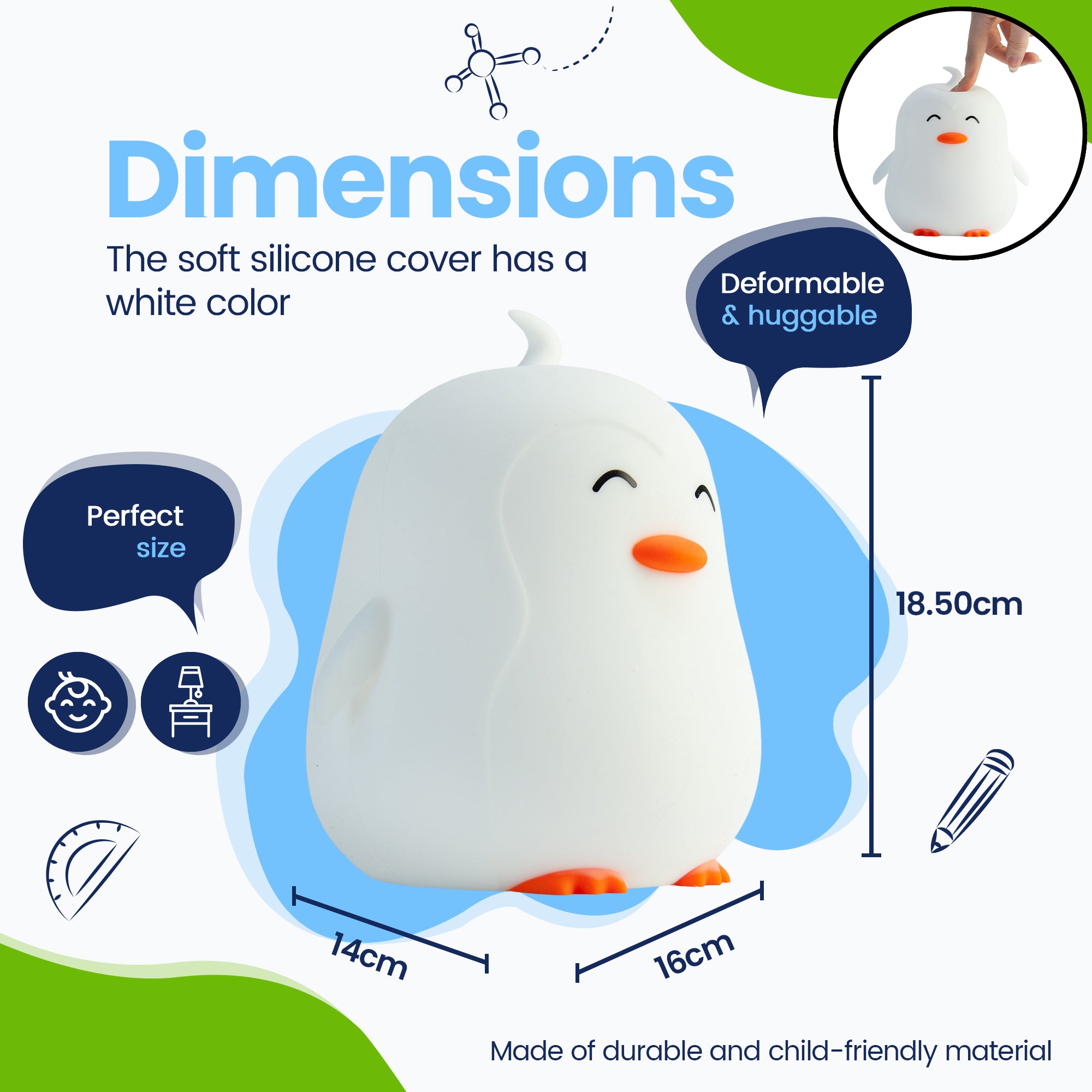 Dimensioner - Pingvin Natlampe - Perfekt størrelse - Premium Design - Silikoneovertrækket er hvidt i farven