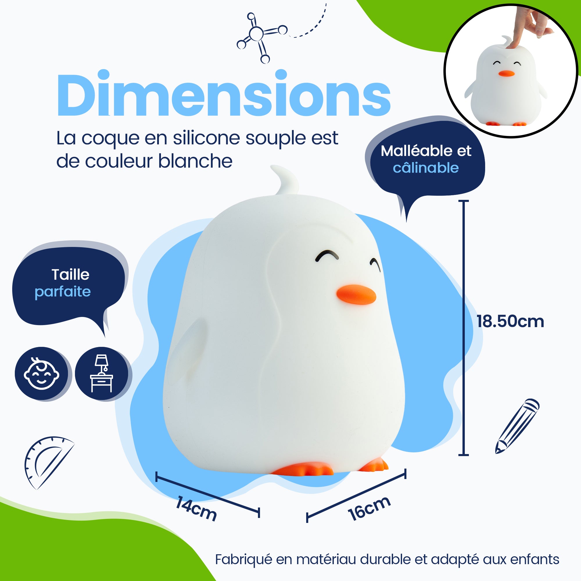 Dimensions Penguin Night Lamp - Taille parfaite - Design Premium - Le couvercle en silicone est de couleur blanche