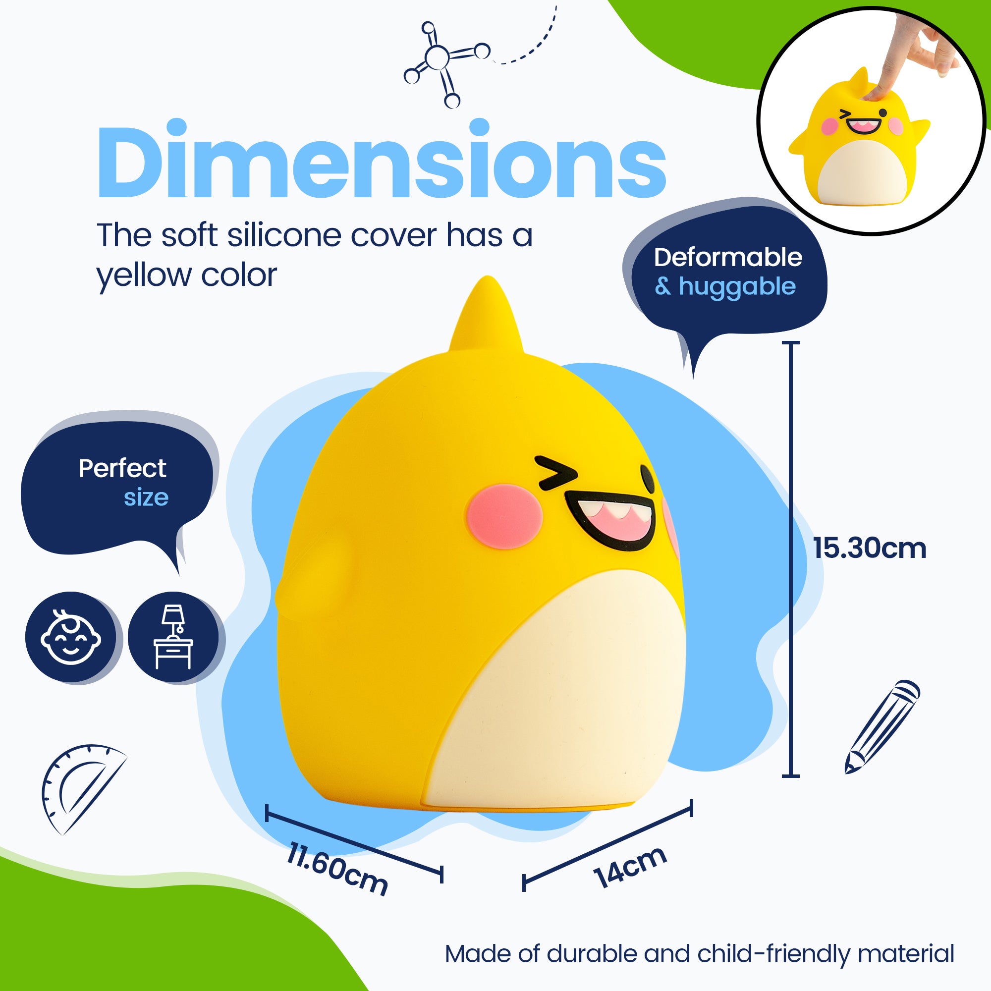 Dimensioner Baby Haj Natlampe - Perfekt størrelse - Premium Design - Silikoneovertrækket er gult i farven