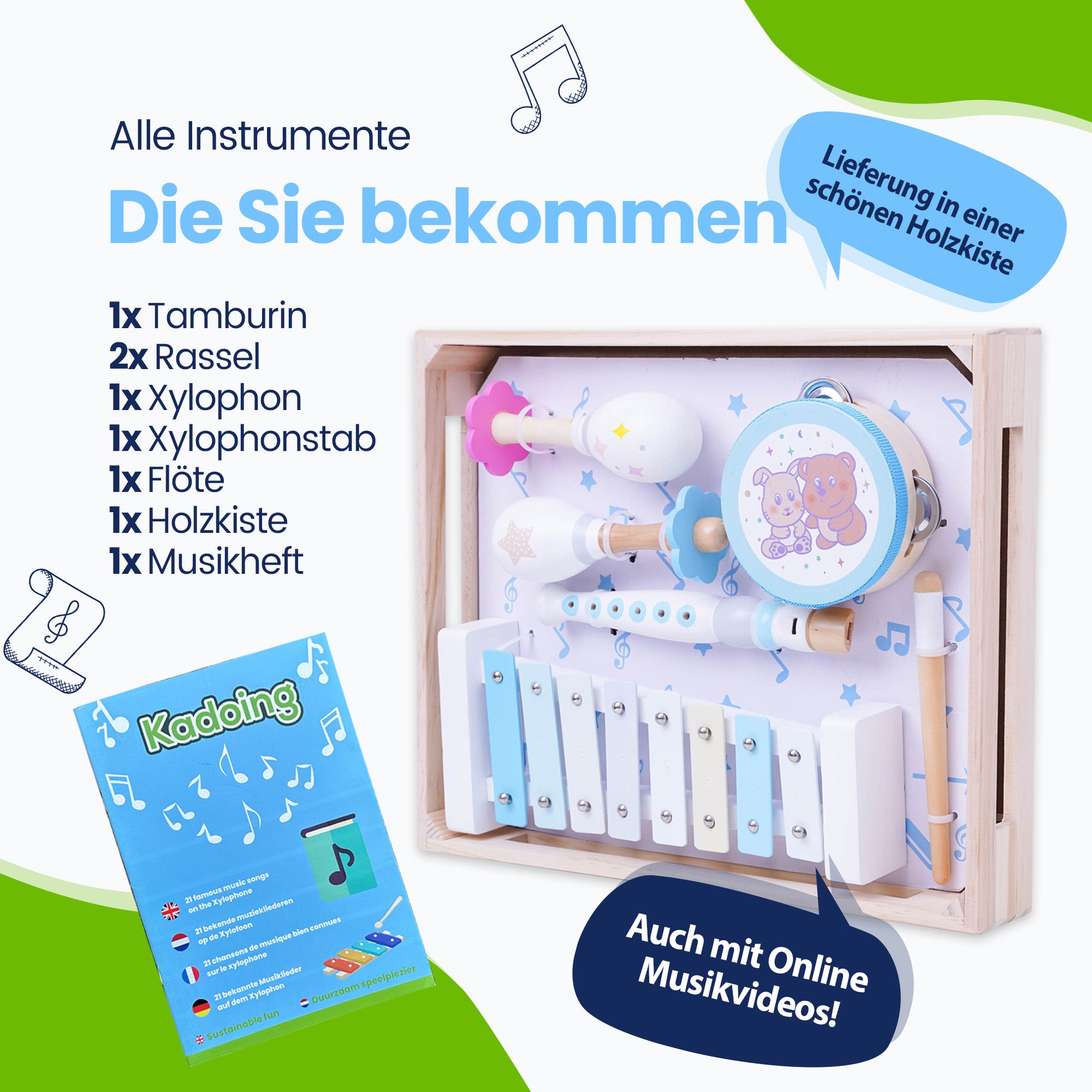 Sie erhalten alle Instrumente - in einer schönen Holzkiste in Vollgummiqualität - Tamburin - Rassel - Xylophon - Xylophonstab - Blockflöte - Holzkiste - Inkl. Xylophon-Musikheft und Online-Musikvideos