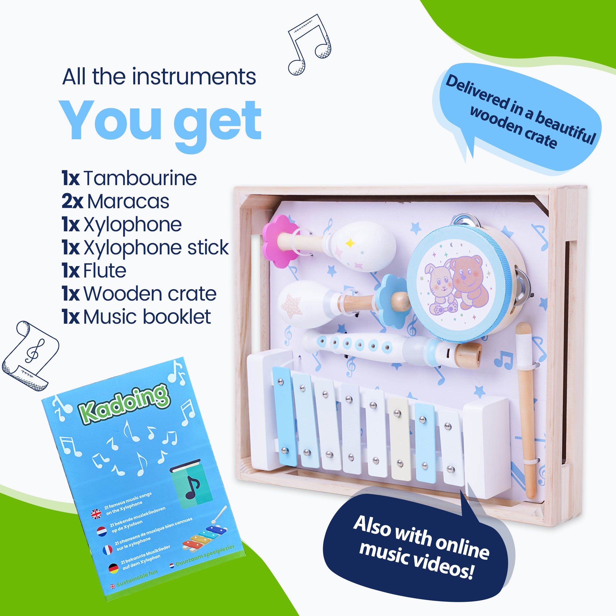All instruments you receive - in a beautiful wooden crate of solid-rubber quality - Tambourine - Rattle - Xylophone - Xylophone stick - flute - Wooden crate - Incl. Xylophone music booklet and online music videos