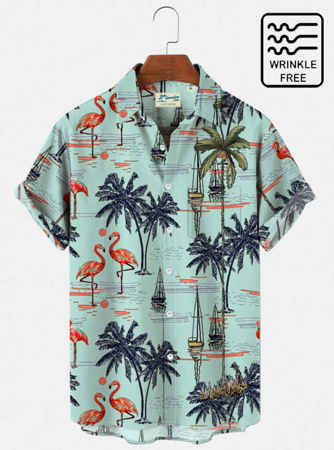 Men's Flamingo Palm Tree Print Wrinkle Free Hawaii Shirts