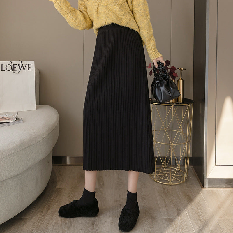 Women's Korean Wool Knitted Skirt Retro High Waist Slimming Slit Mid-length Hip Office Lady Sweater Dresses