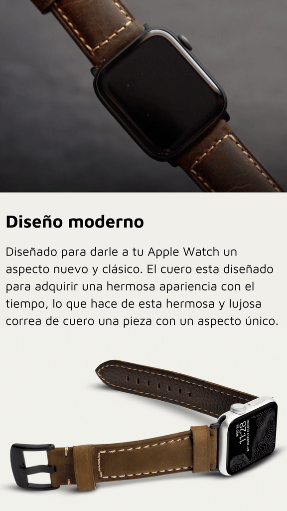 Correa de cuero para Apple Watch - Diseñado para darle a tu Apple Watch un aspecto nuevo y clásico. El cuero esta diseñado para adquirir una hermosa apariencia con el tiempo, lo que hace de esta hermosa y lujosa correa de cuero una pieza con un aspecto único.