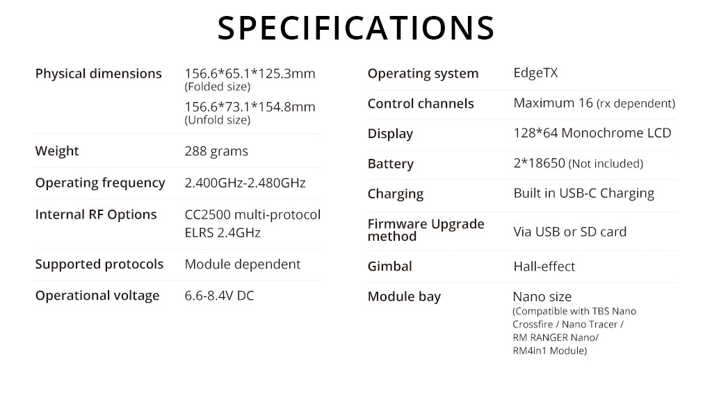 RadioMaster Pocket Radio Controller (M2), SPECIFICATIONS Physical dimensions 156.6*65.1*125.3mm Operating system