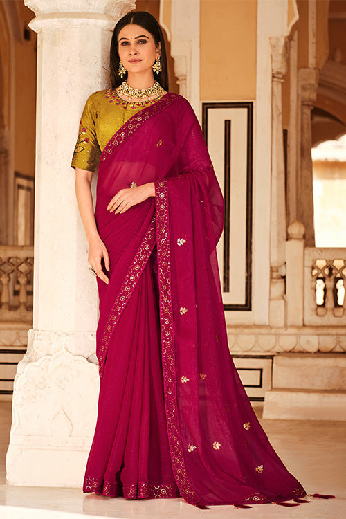 Dark rani pink embroidered silk saree with blouse - Vasu Sarees - 1819341