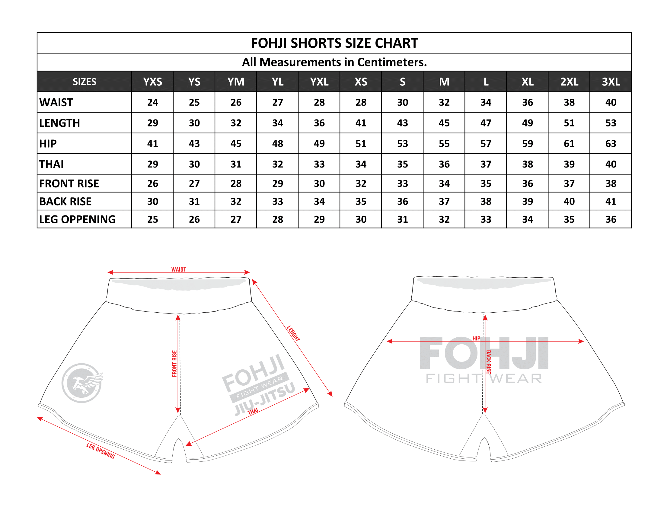 Shorts Size Chart