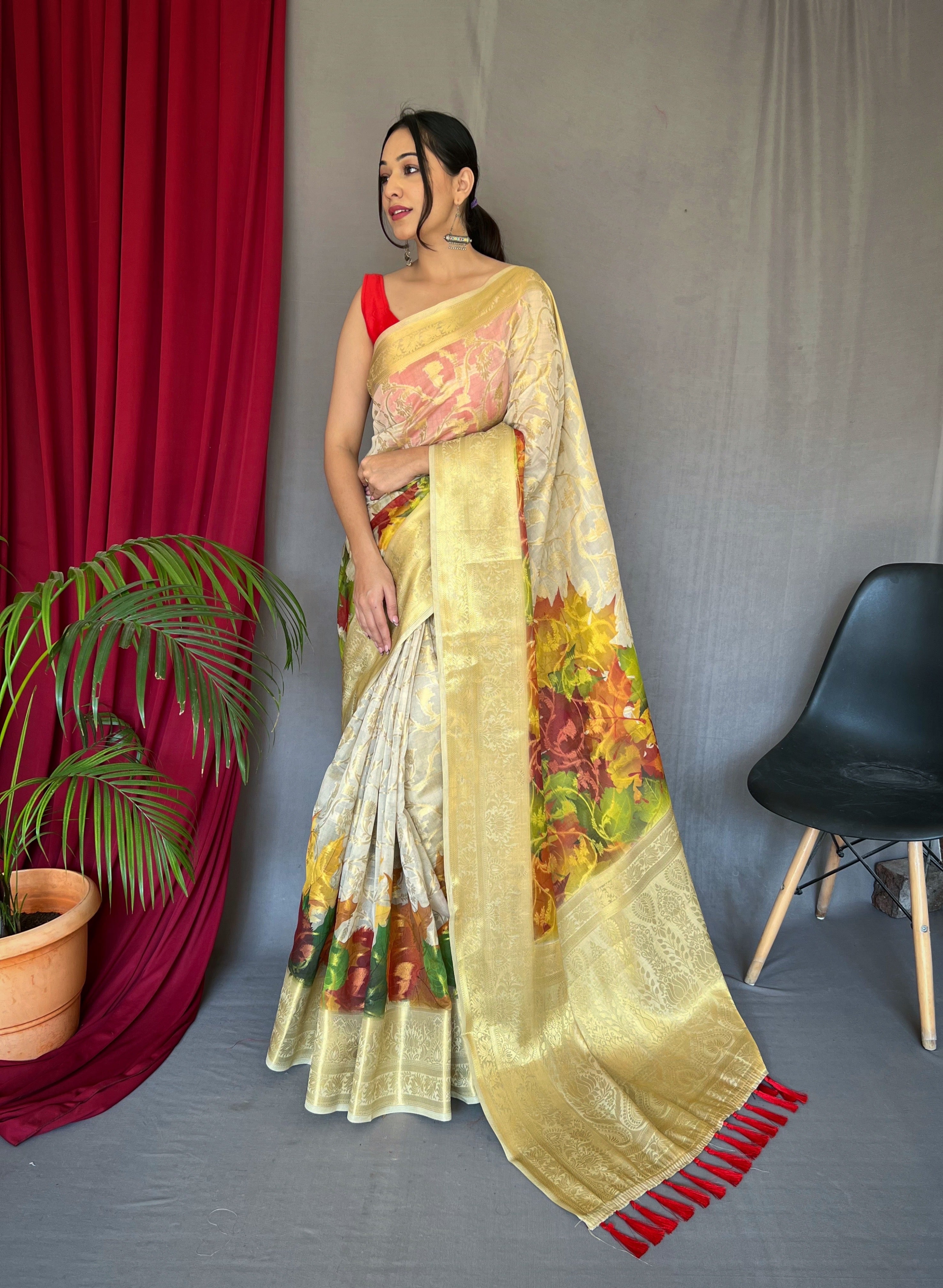 Pleasing Off White Resham Muslin Pure Silk Saree With Blouse Embroidery -  Loomfolks