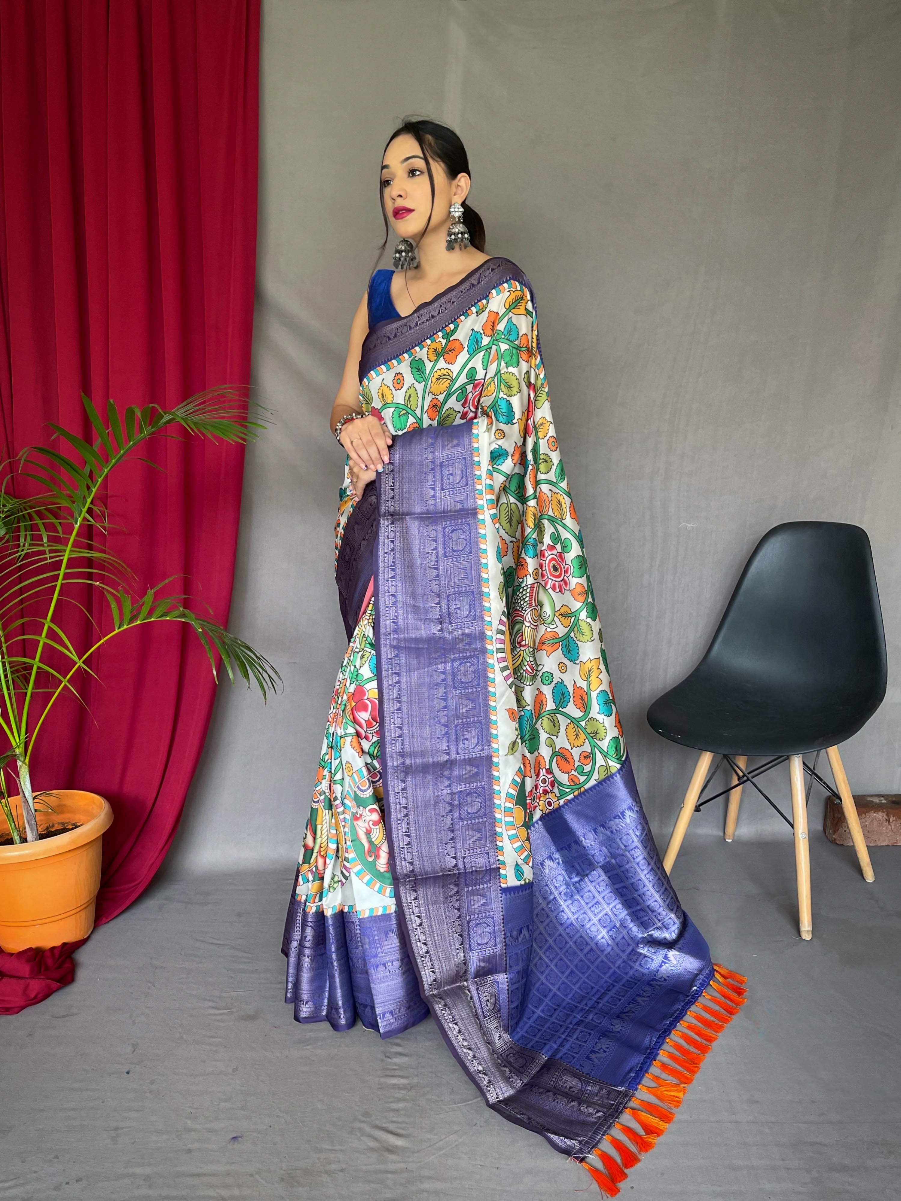 White & Blue Checks With Woven Border Cotton Silk Saree