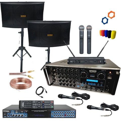 Sonken Home Karaoke Studio Package Deal (KA - 13 Amp/CS - 450 (10") Speakers/WM - 800D Wireless Mics/MP - 4000 Karaoke Machine) - Karaoke Home Entertainment