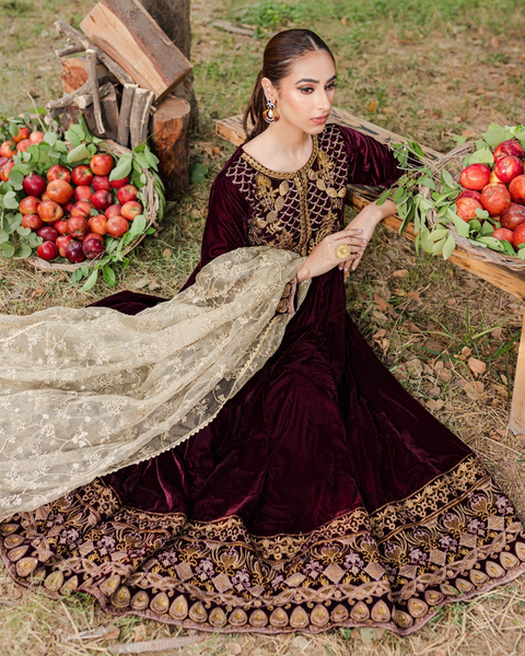 3 Piece Velvet Dress in Maroon Color