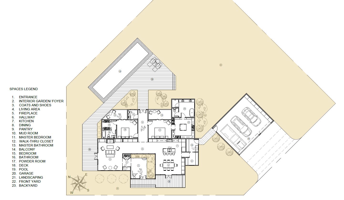 conceptual floor plan showing all house space including landscaping 