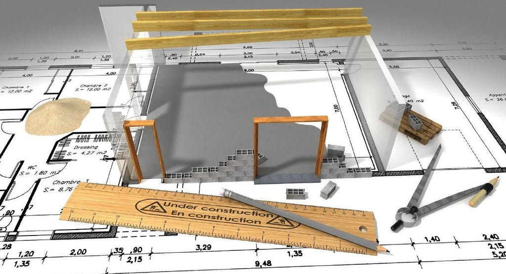 Construction drawings with imperial ruler, pencil, compass and 3D of house construction