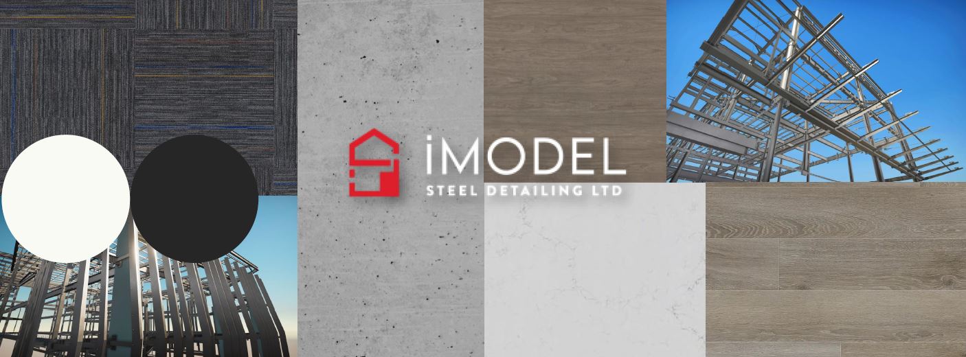 mood board showing the main concept for the new Imodel office interior design showing concrete tiles, blac and white colors, wood finishes and murals