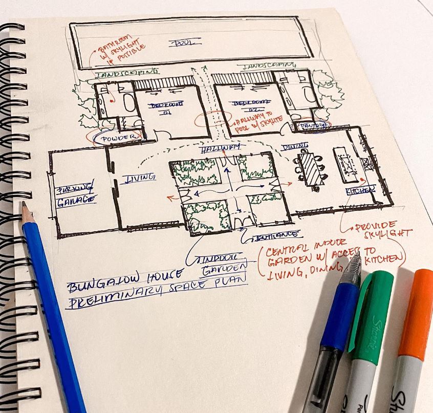 floor plan sketch showing interior spaces client requirements 