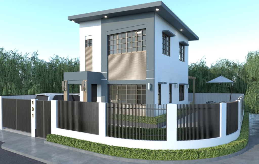 Modern detached house design with vertical grille fence, blue paint and wood accent façade and landscaping
