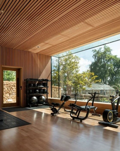 Home gym with wood slats accent wall and wood slats ceiling, wood plank flooring, gym equipment, weights, big glass frameless window and glass door